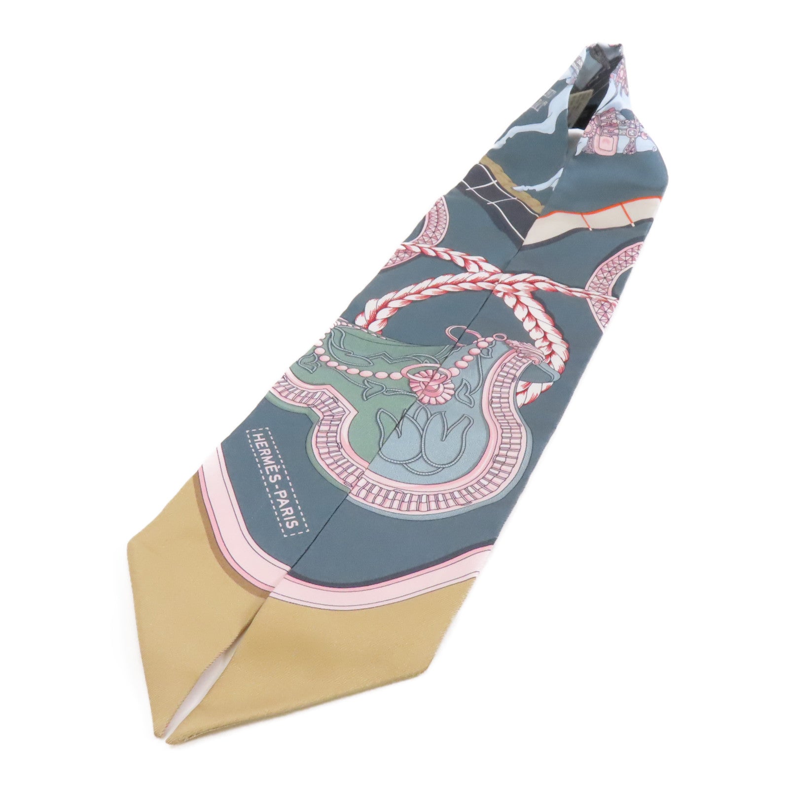 HERMES 絲質Twilly絲巾灰色/米色