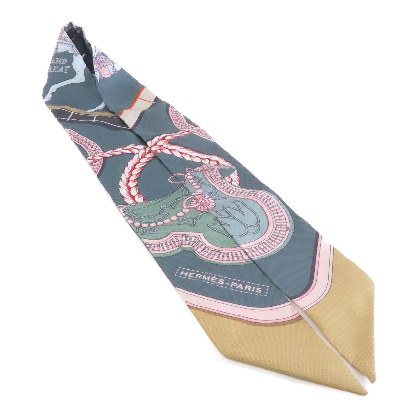 HERMES 絲質Twilly絲巾灰色/米色
