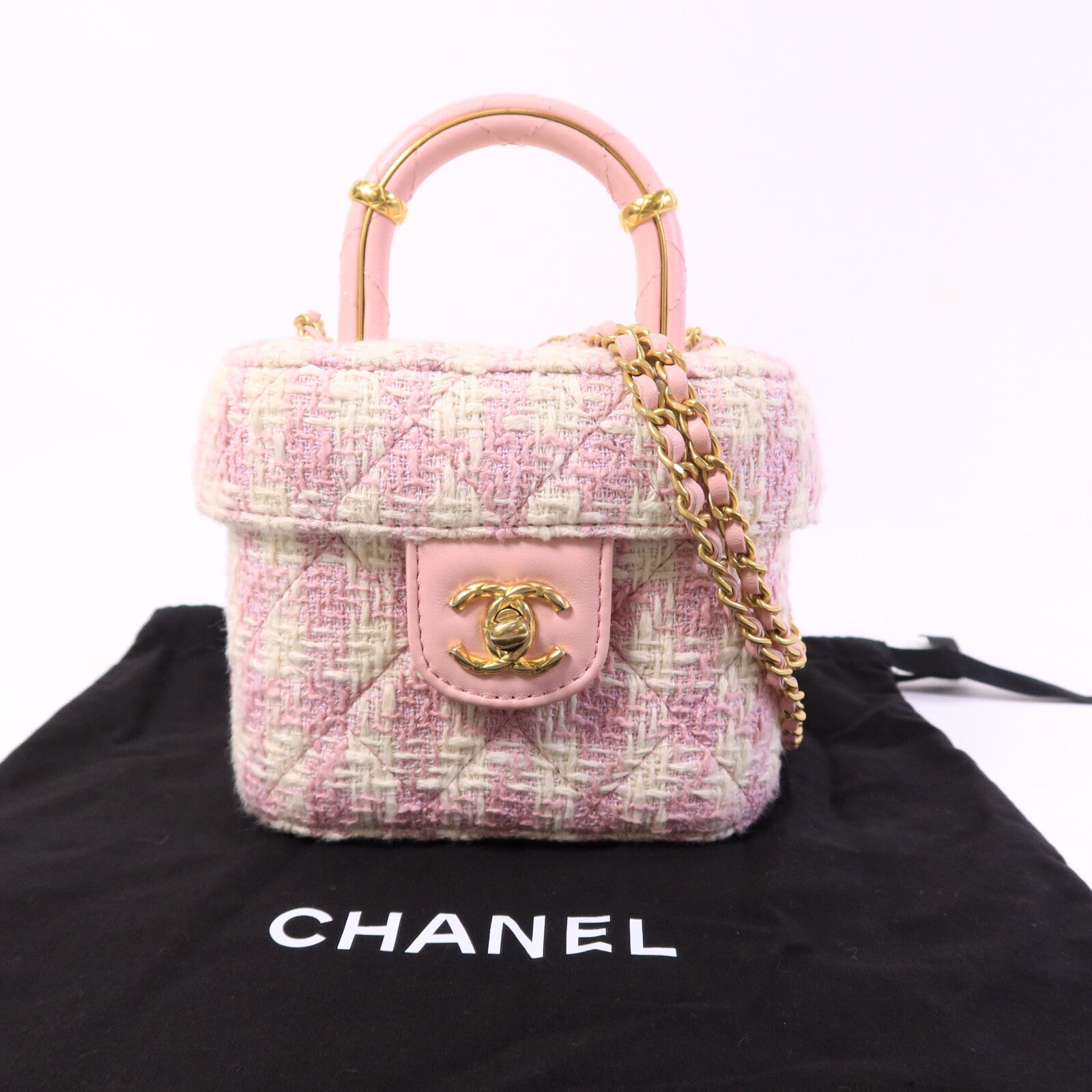 CHANEL 羊皮皮革/粗花呢Vanity Case鏈帶手挽肩背兩用袋