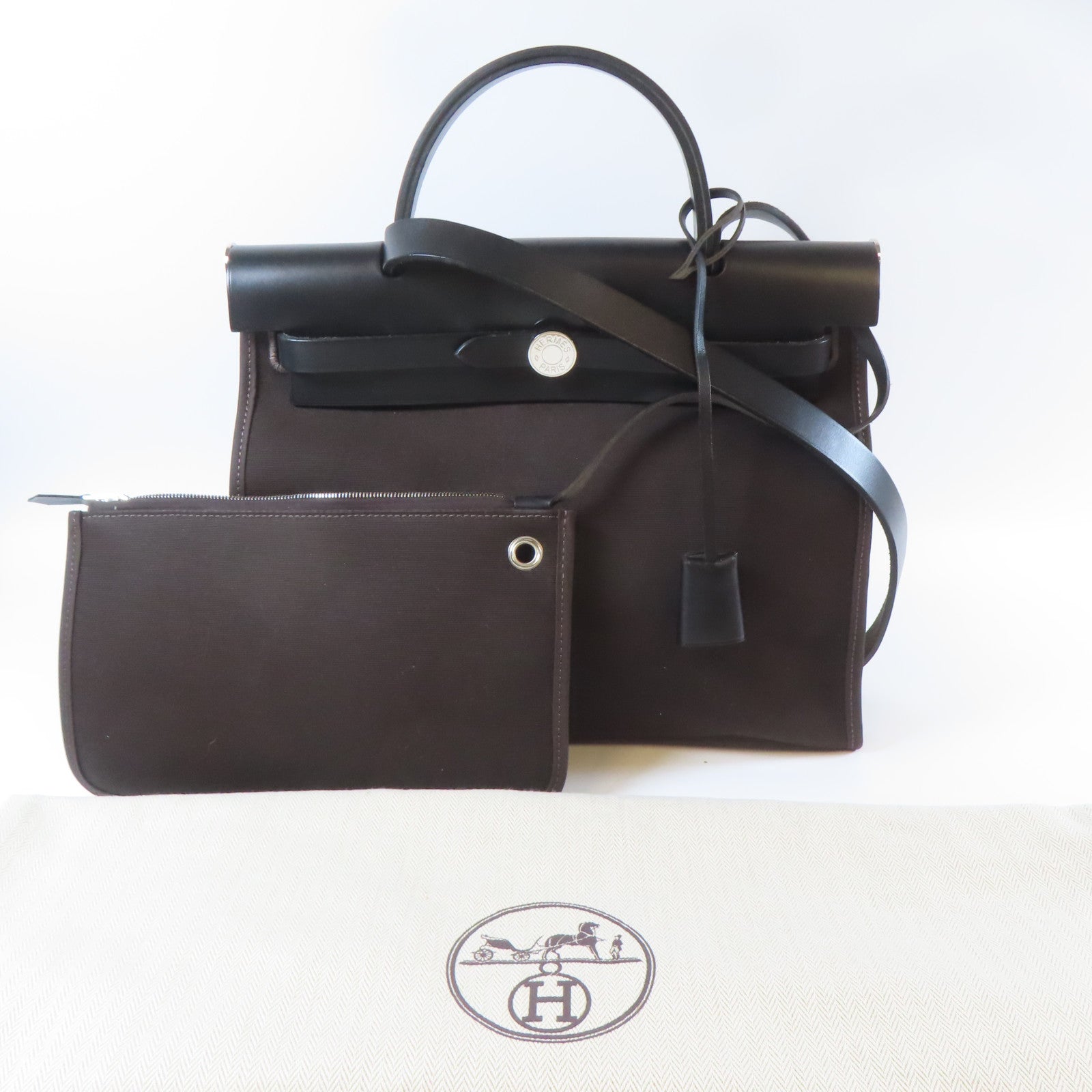 HERMES 【激減優惠】帆布Herbag PM銀扣手挽肩背兩用袋啡色