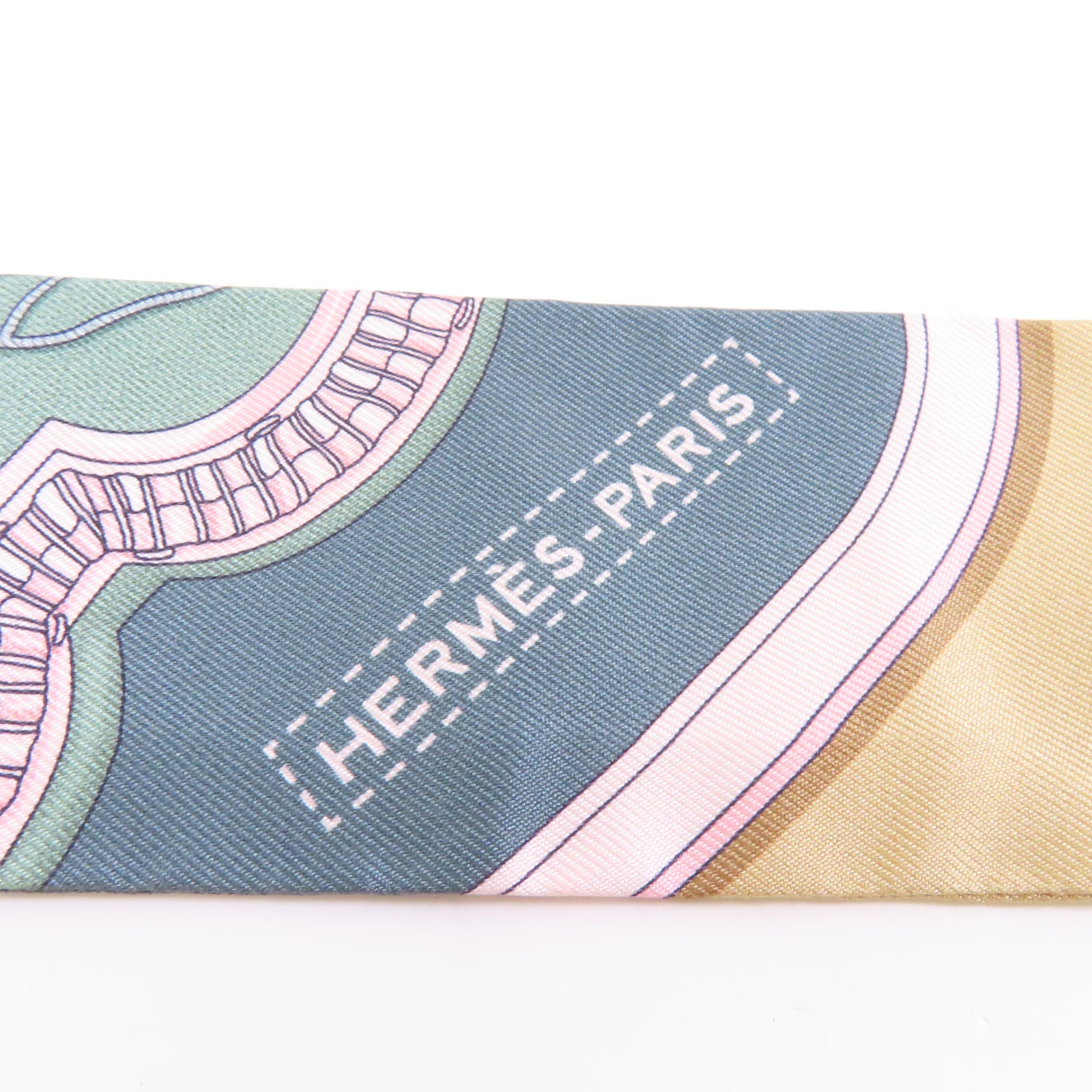 HERMES 絲質Twilly絲巾灰色/米色