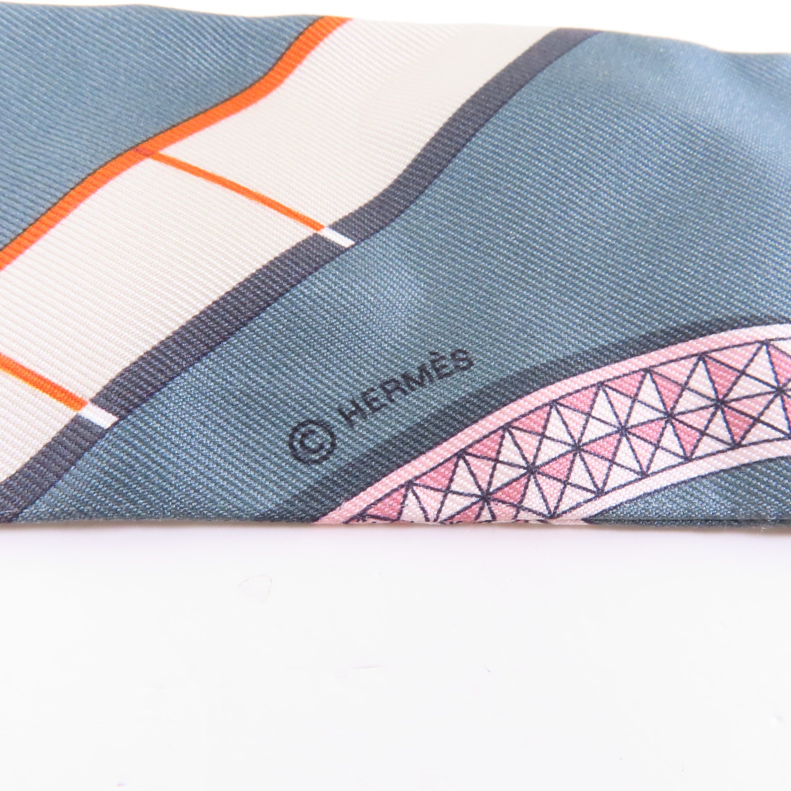 HERMES 絲質Twilly絲巾灰色/米色