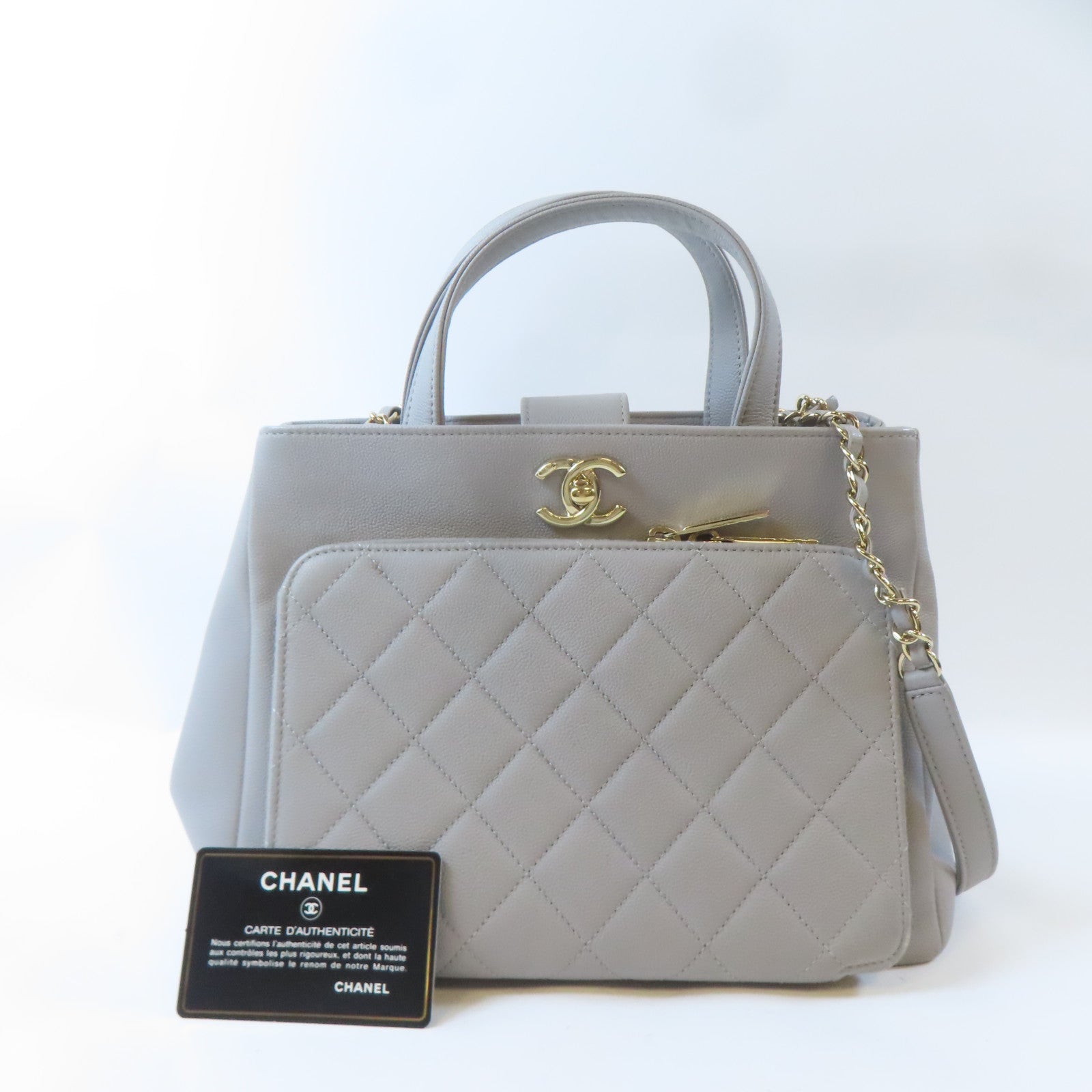 CHANEL 菱格牛皮皮革2 Way Shoulder金扣鏈帶手挽肩背兩用袋灰色