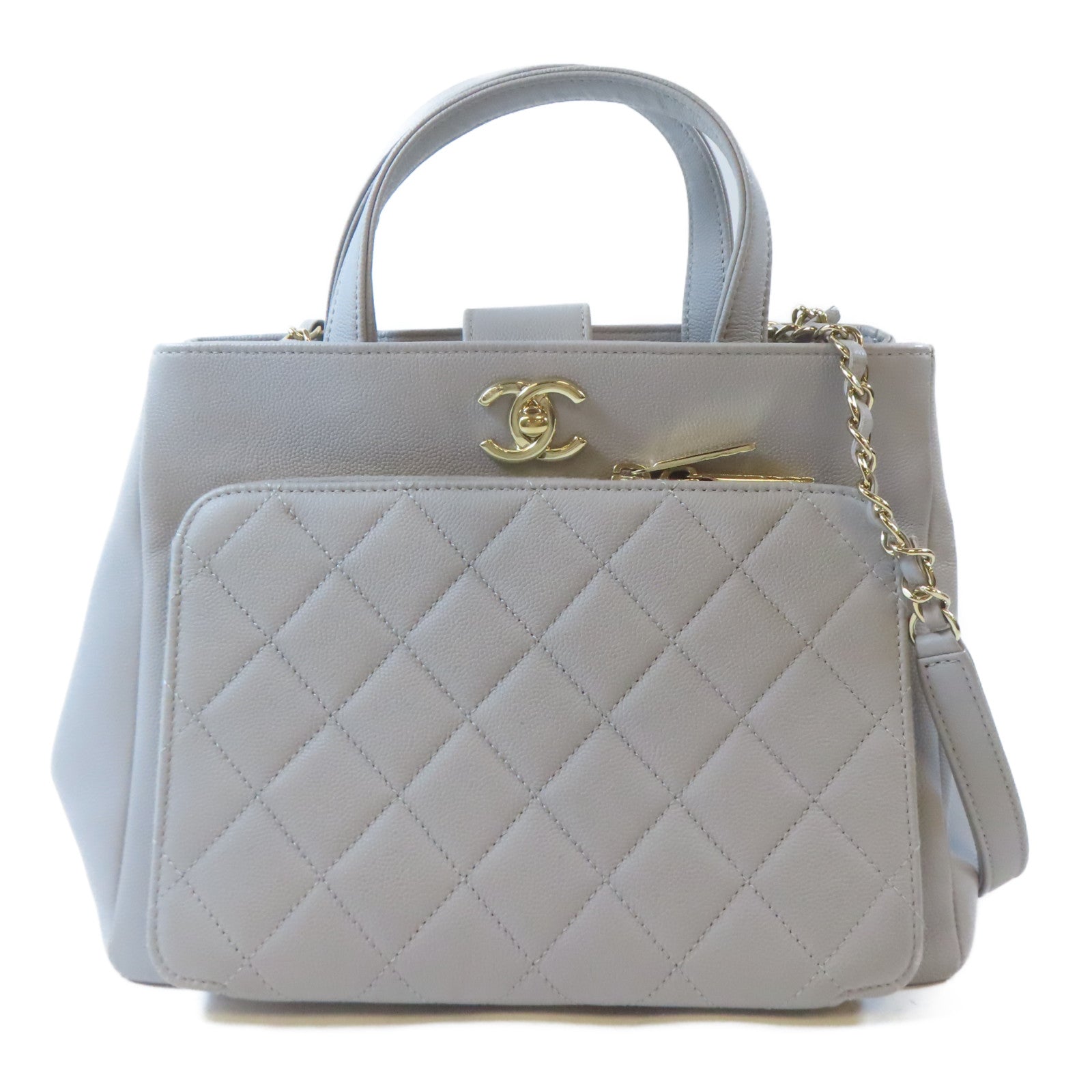 CHANEL 菱格牛皮皮革2 Way Shoulder金扣鏈帶手挽肩背兩用袋灰色