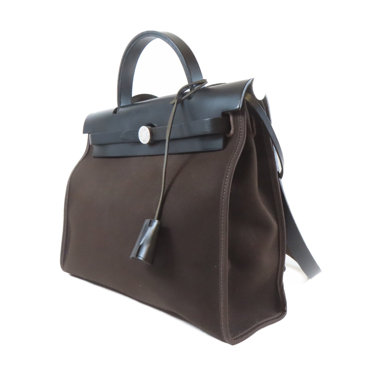 HERMES 【激減優惠】帆布Herbag PM銀扣手挽肩背兩用袋啡色