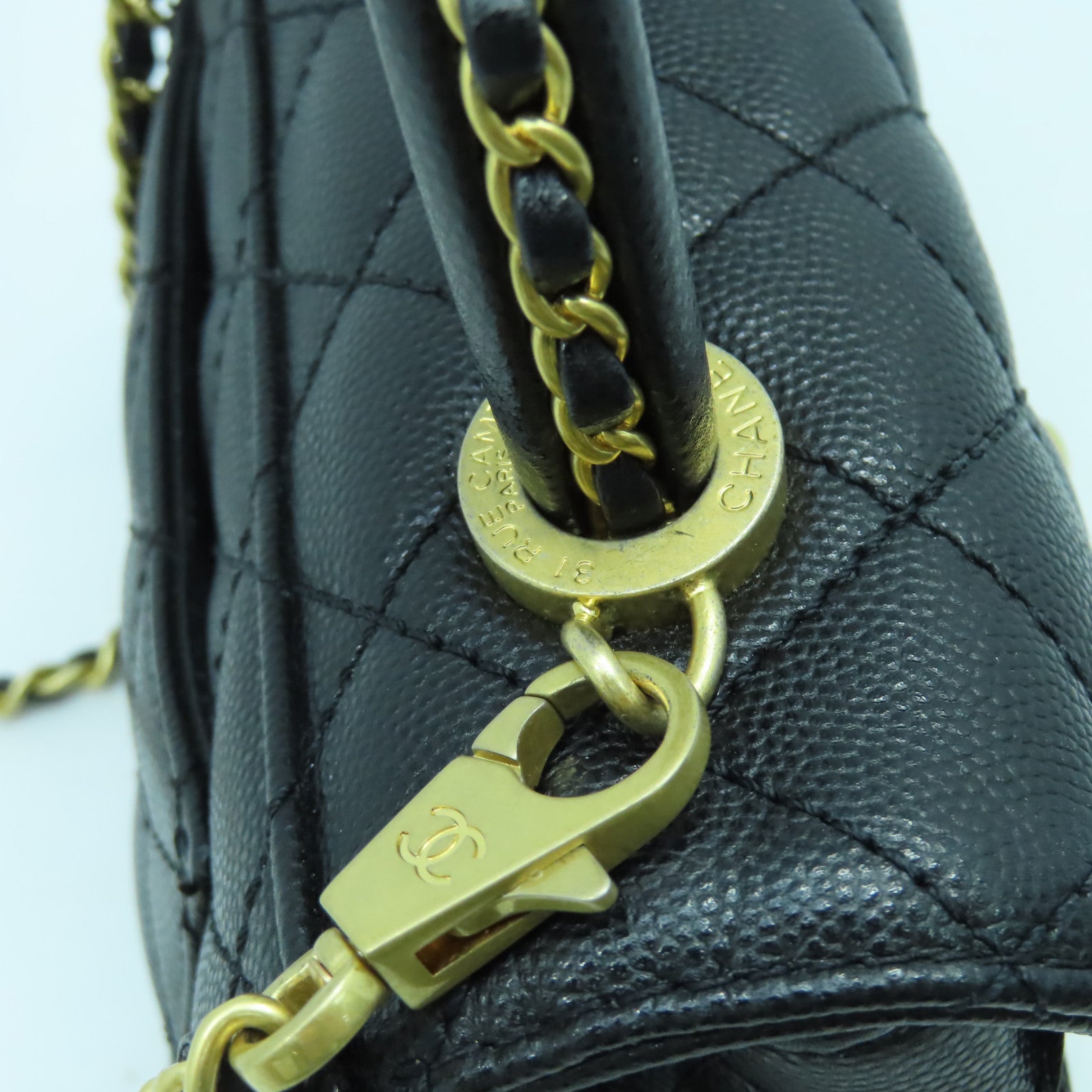 CHANEL 菱格牛皮皮革Chain Shoulder Bag金扣鏈帶手挽肩背兩用袋黑色