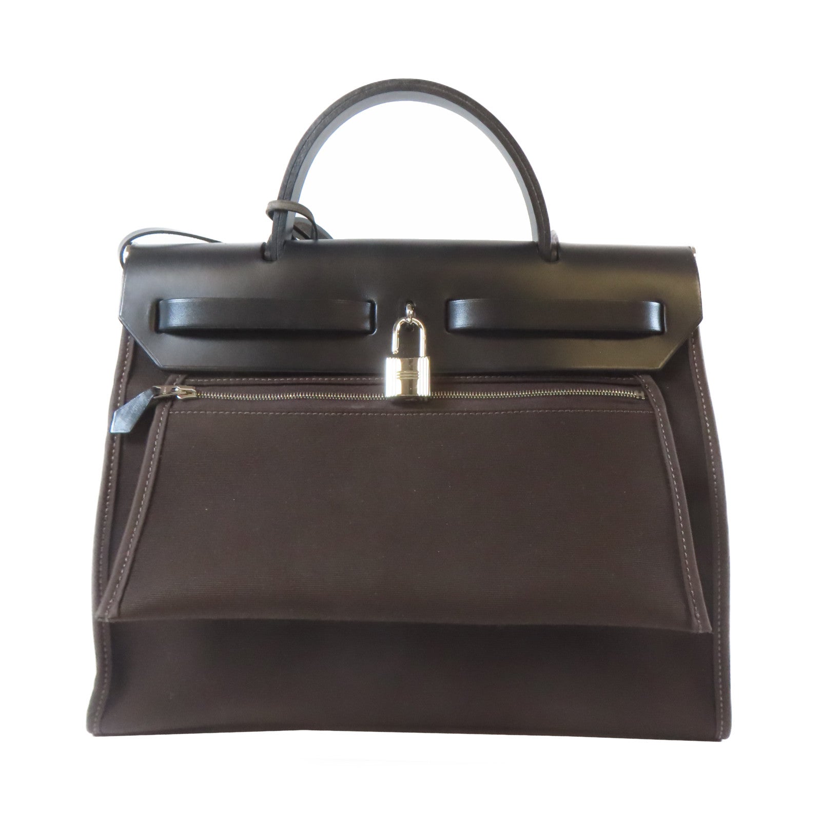 HERMES 【激減優惠】帆布Herbag PM銀扣手挽肩背兩用袋啡色