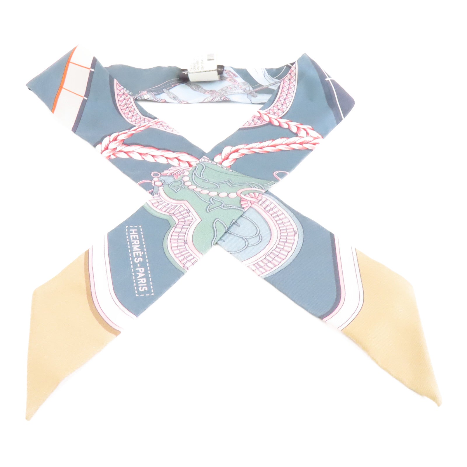 HERMES 絲質Twilly絲巾灰色/米色