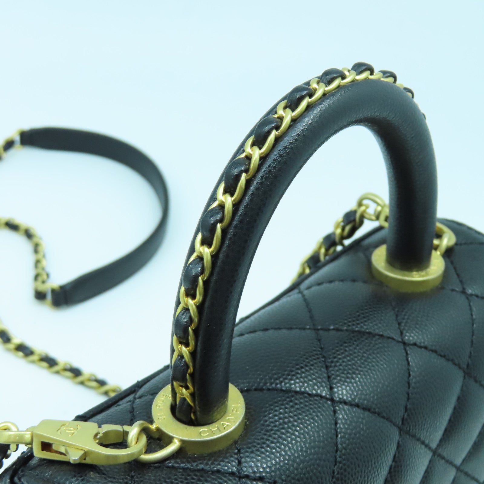 CHANEL 菱格牛皮皮革Chain Shoulder Bag金扣鏈帶手挽肩背兩用袋黑色