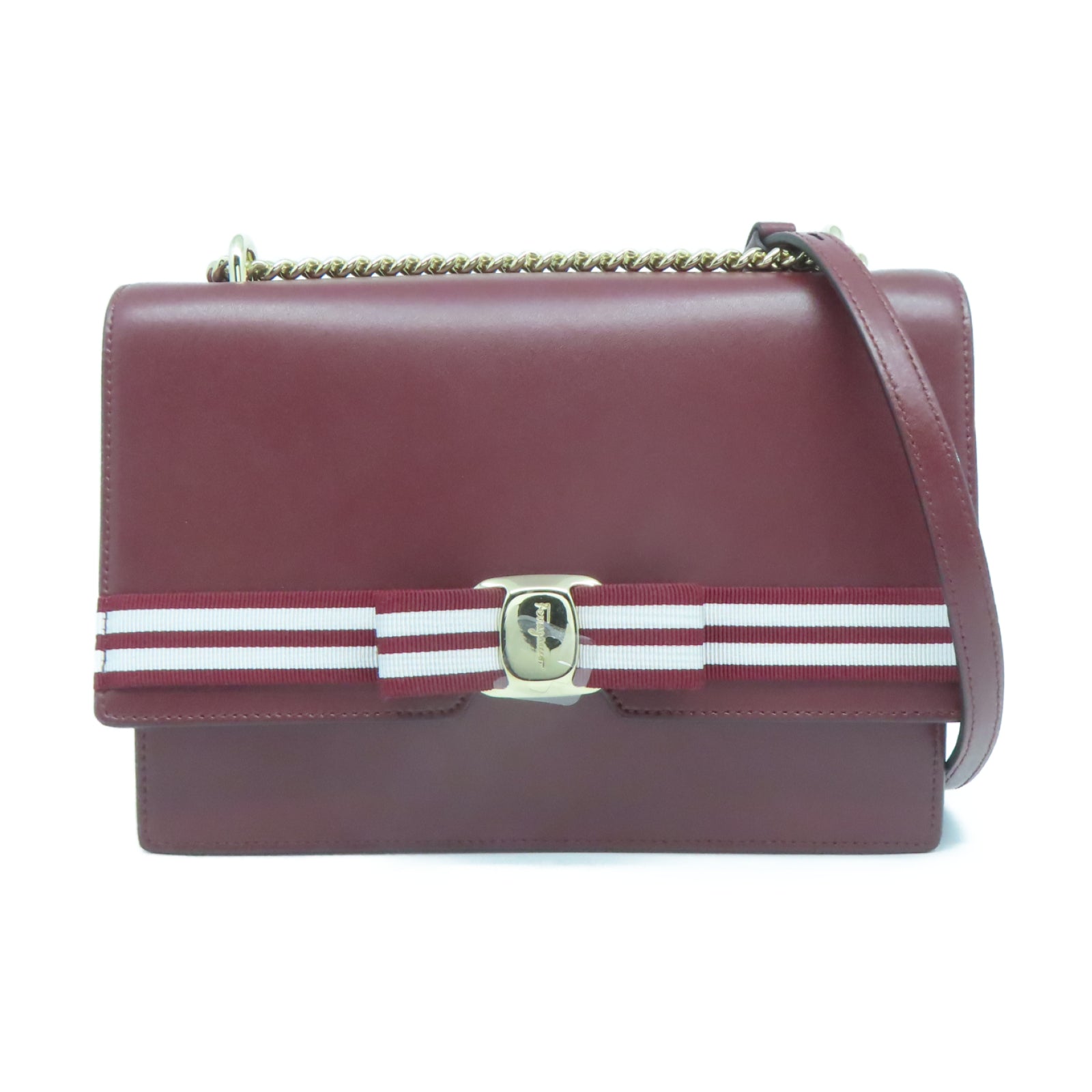 Salvatore Ferragamo 【激減優惠】牛皮皮革Shoulder Bag金扣鏈帶肩背袋酒紅色