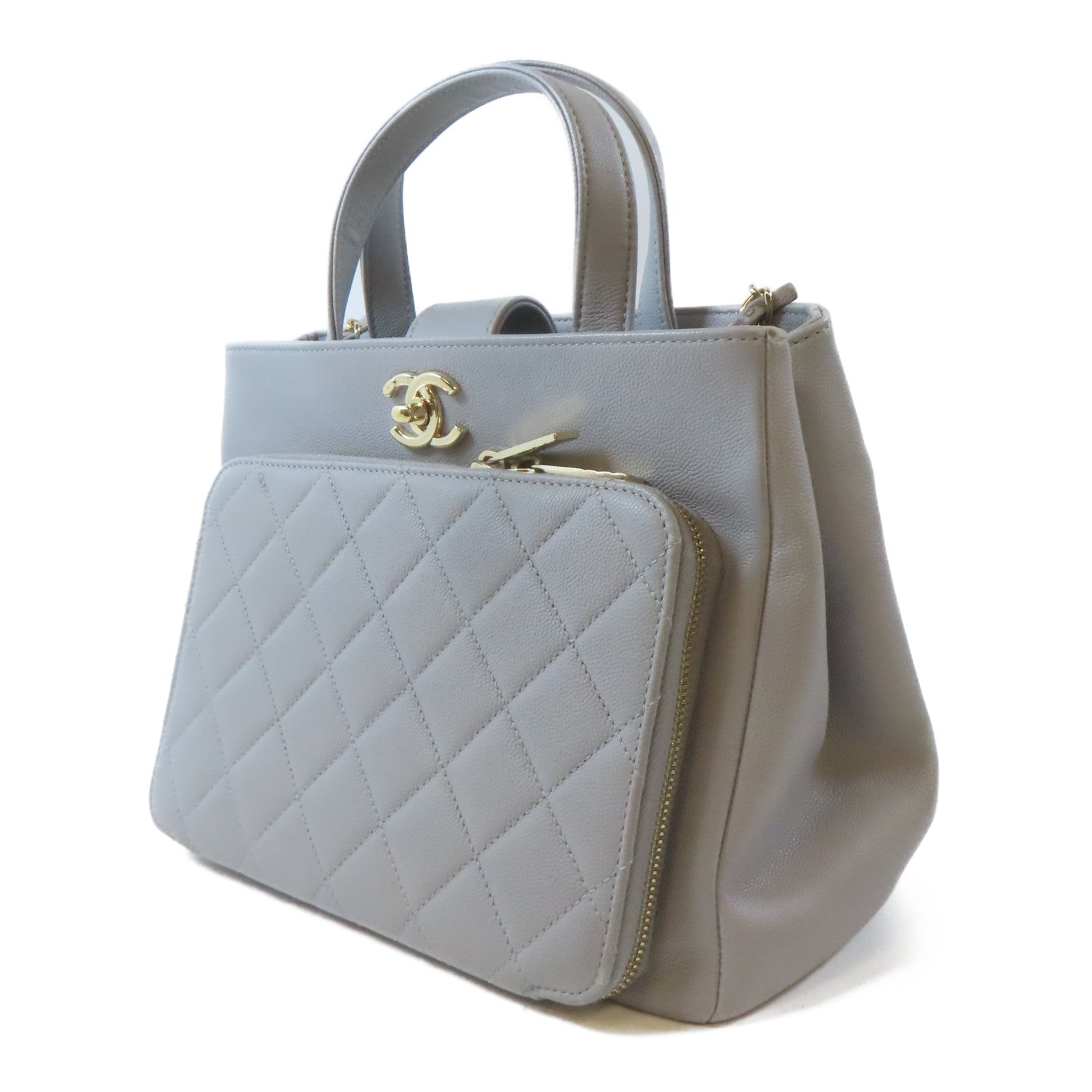 CHANEL 菱格牛皮皮革2 Way Shoulder金扣鏈帶手挽肩背兩用袋灰色