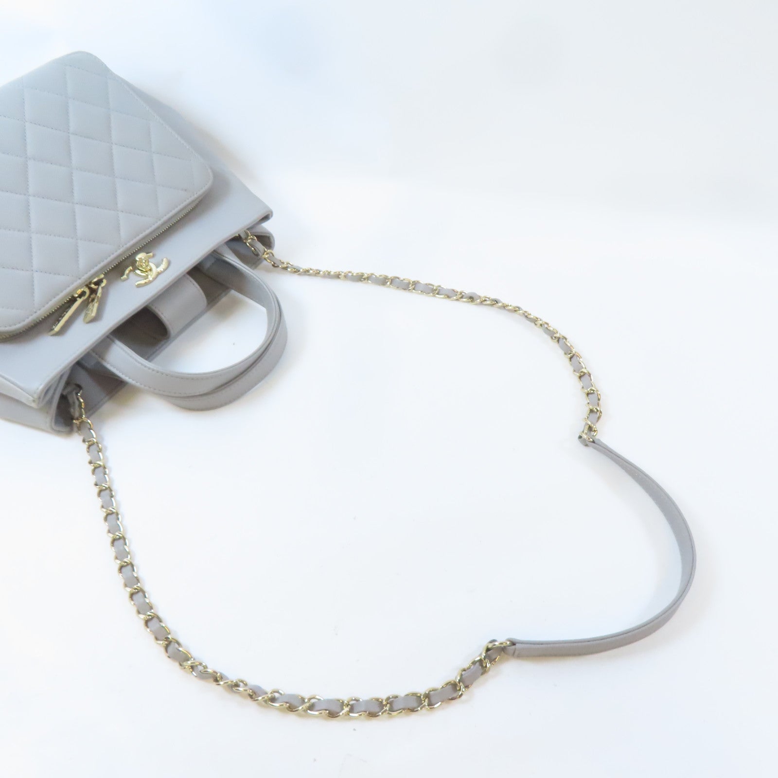 CHANEL 菱格牛皮皮革2 Way Shoulder金扣鏈帶手挽肩背兩用袋灰色