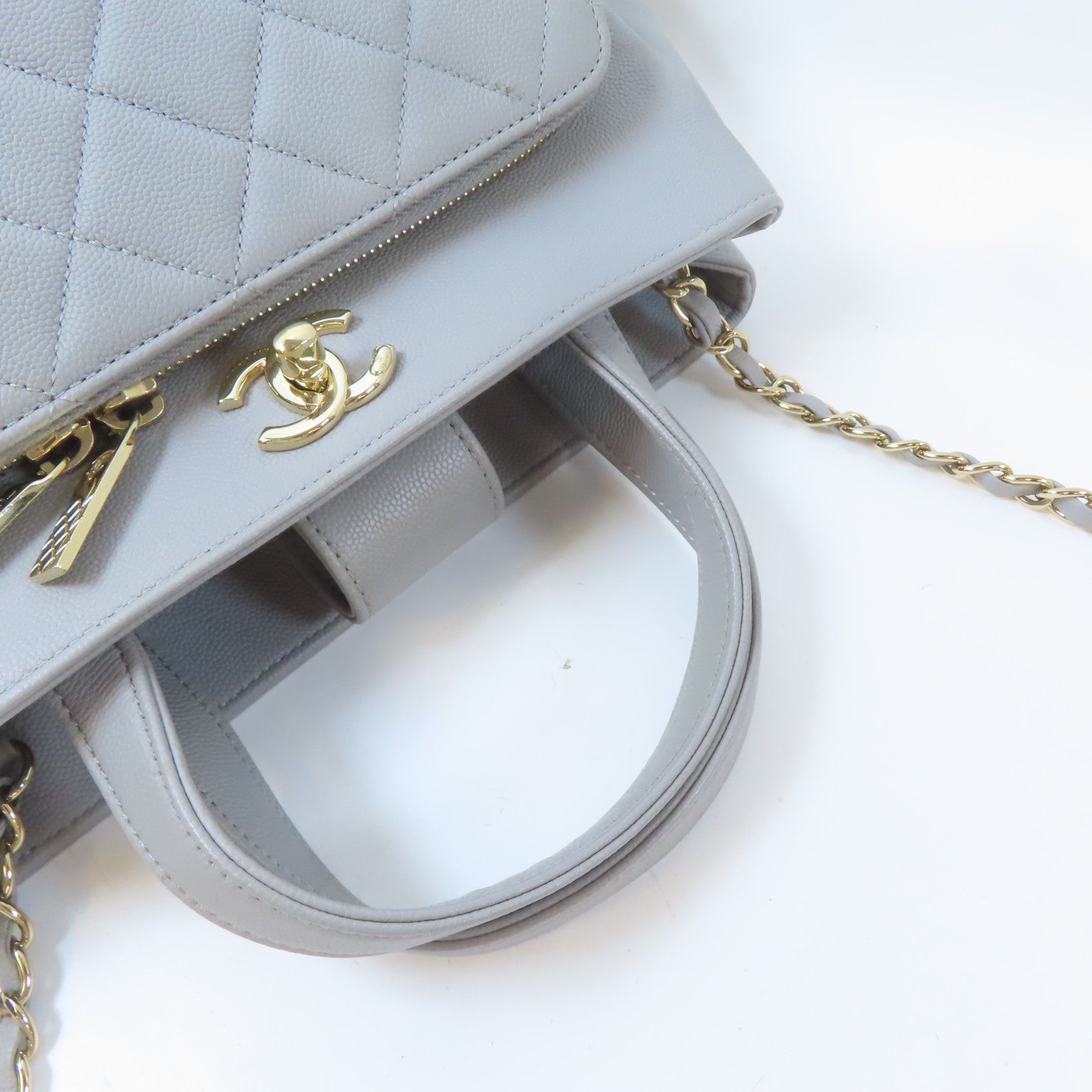 CHANEL 菱格牛皮皮革2 Way Shoulder金扣鏈帶手挽肩背兩用袋灰色