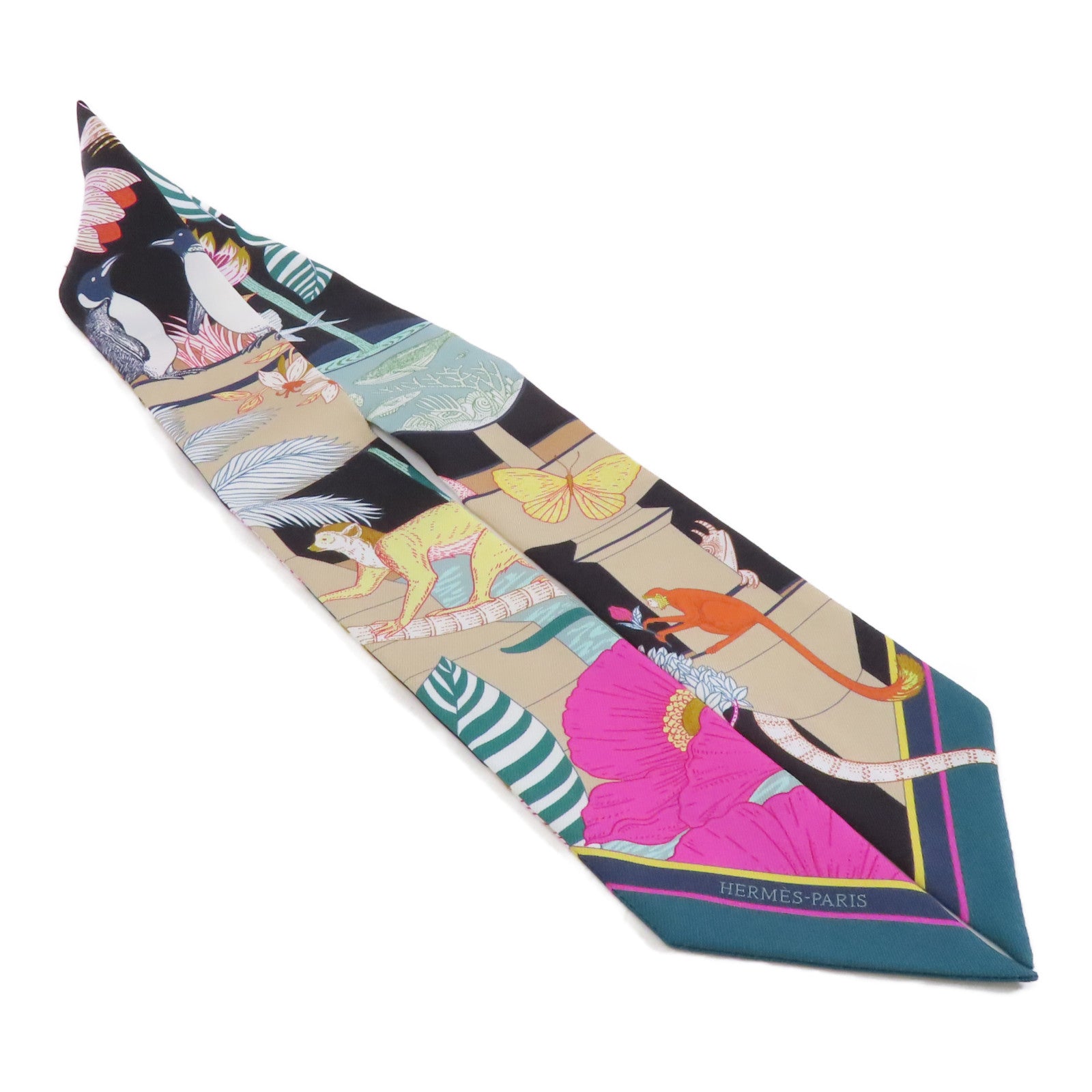 HERMES 絲質Twilly絲巾黑色/粉紅色/彩色