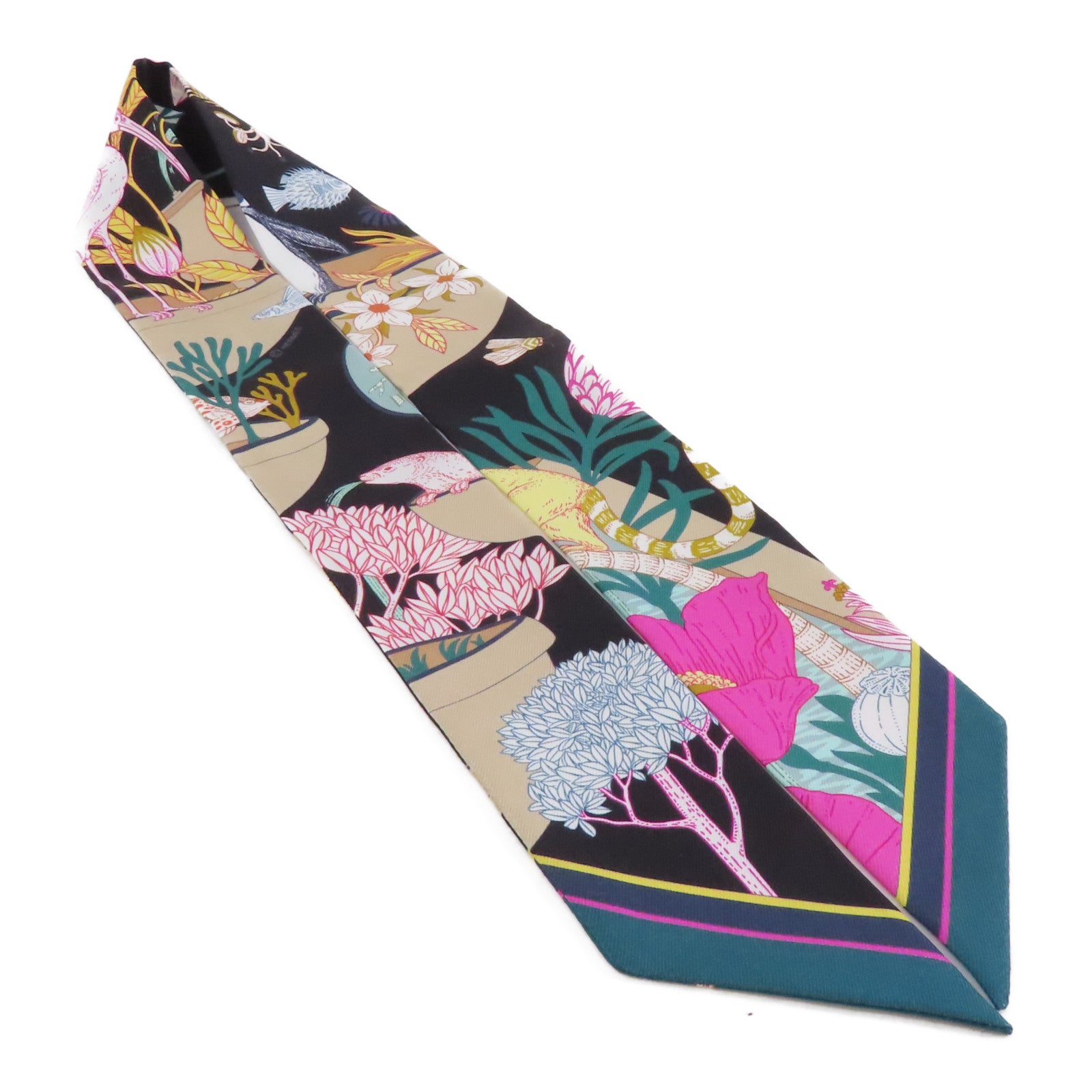 HERMES 絲質Twilly絲巾黑色/粉紅色/彩色