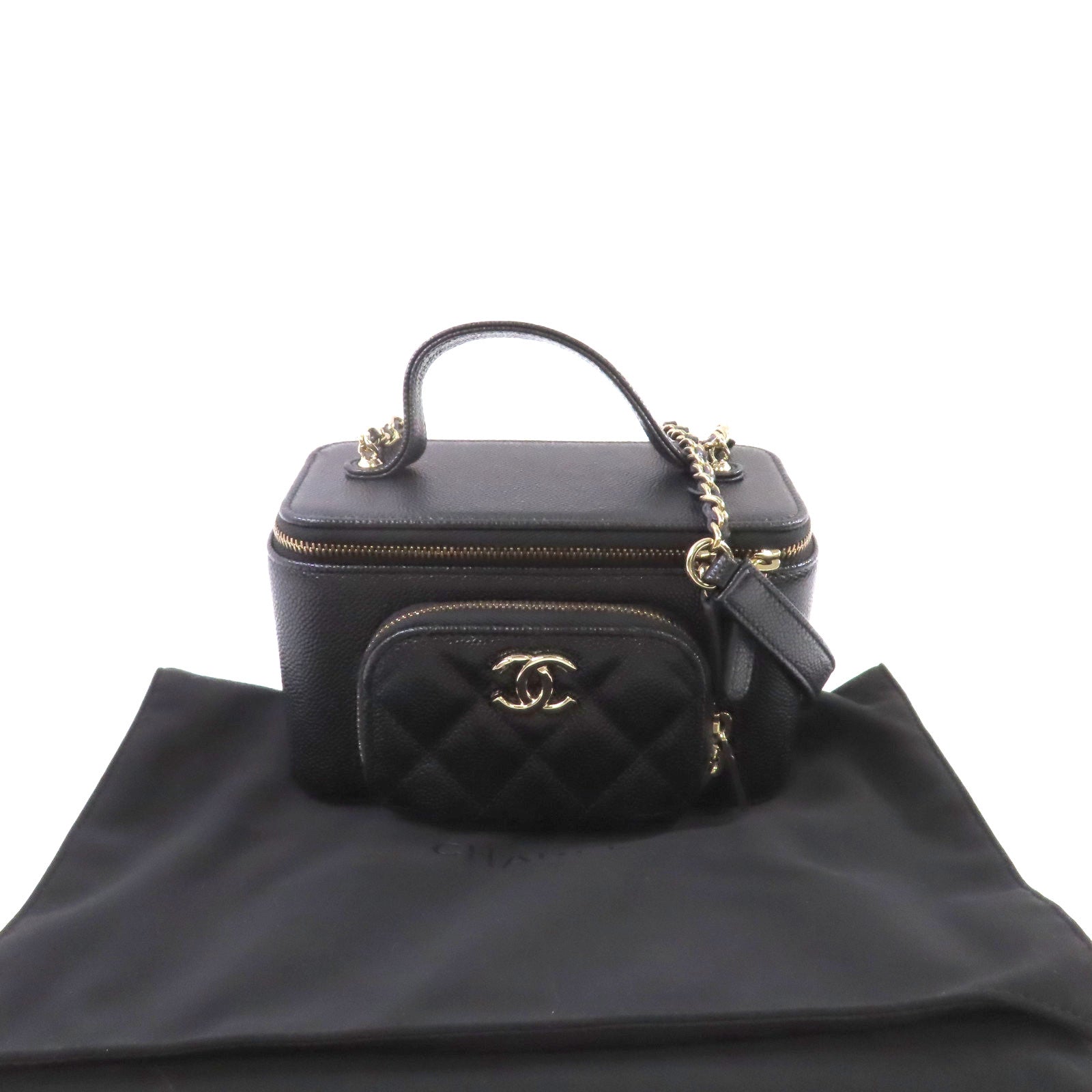 CHANEL 菱格Caviar皮革Vanity Case Chain Shoulder Bag金扣鏈帶肩背袋黑色
