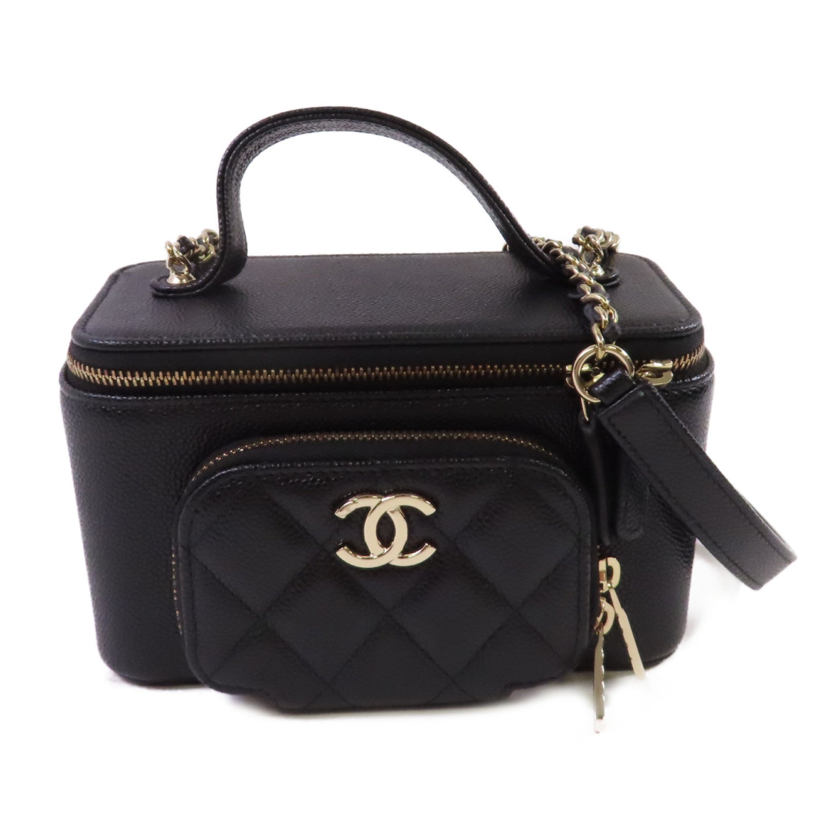 CHANEL 菱格Caviar皮革Vanity Case Chain Shoulder Bag金扣鏈帶肩背袋黑色