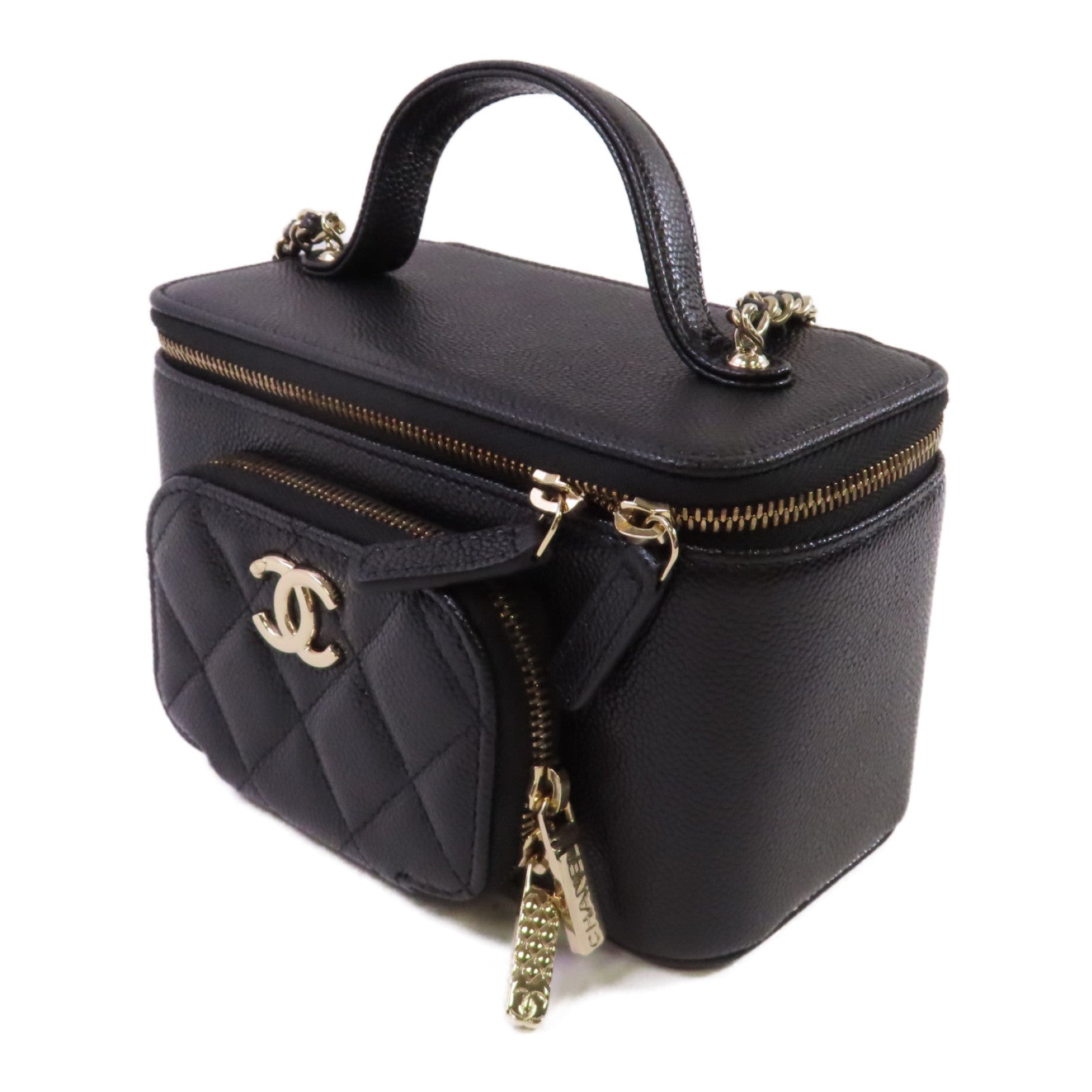 CHANEL 菱格Caviar皮革Vanity Case Chain Shoulder Bag金扣鏈帶肩背袋黑色