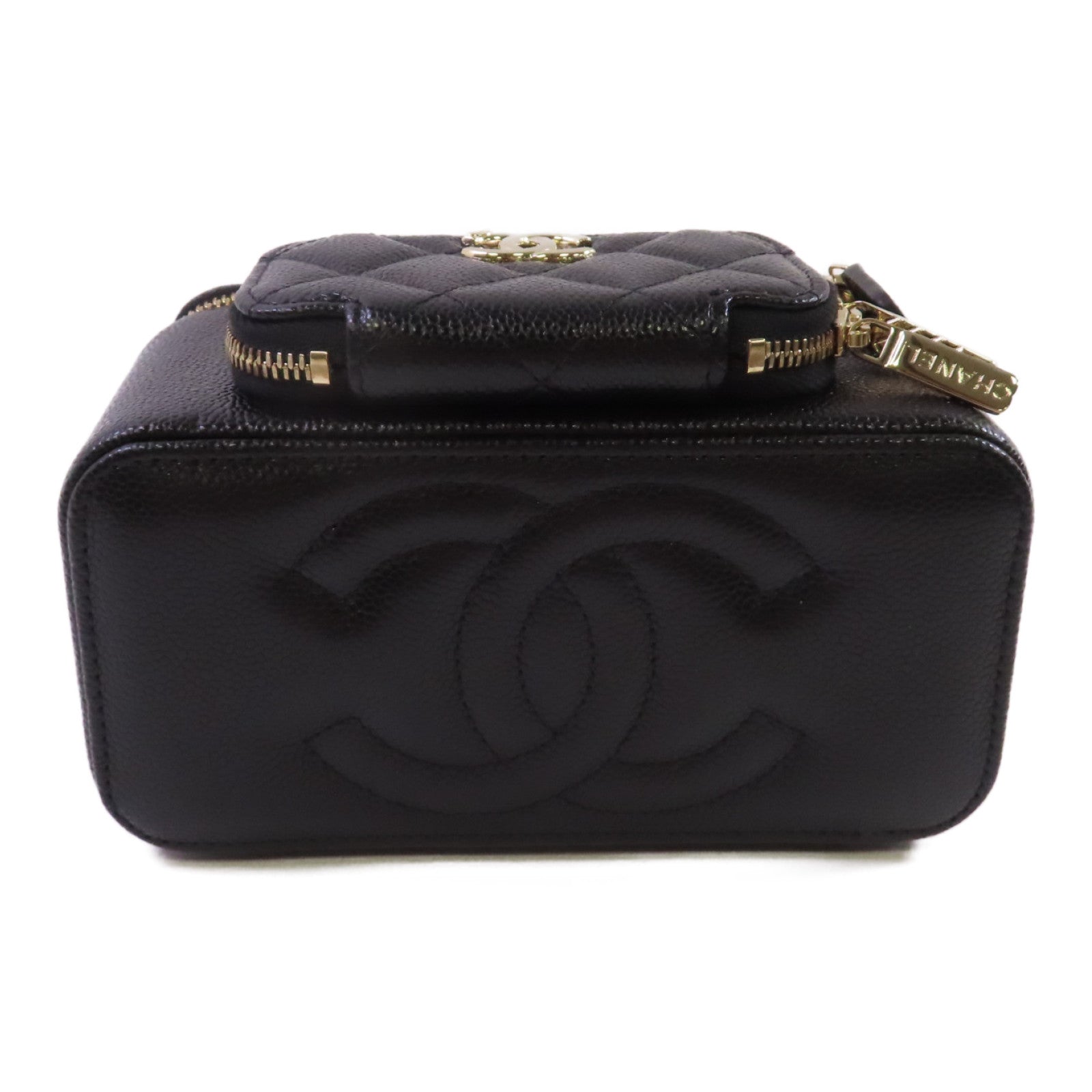 CHANEL 菱格Caviar皮革Vanity Case Chain Shoulder Bag金扣鏈帶肩背袋黑色