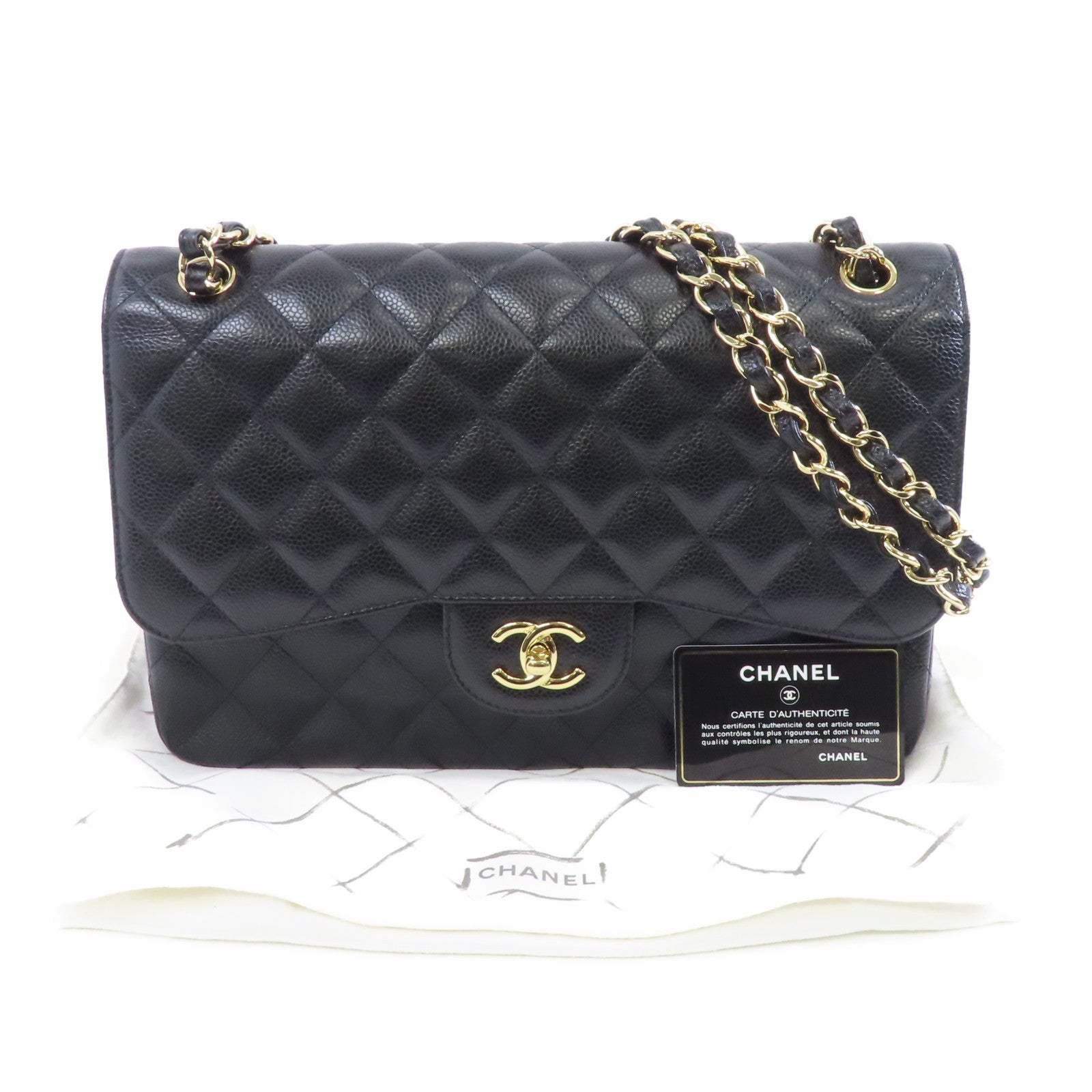 CHANEL 【激減優惠】Caviar皮革Classic Jumbo金扣鏈帶肩背袋黑色