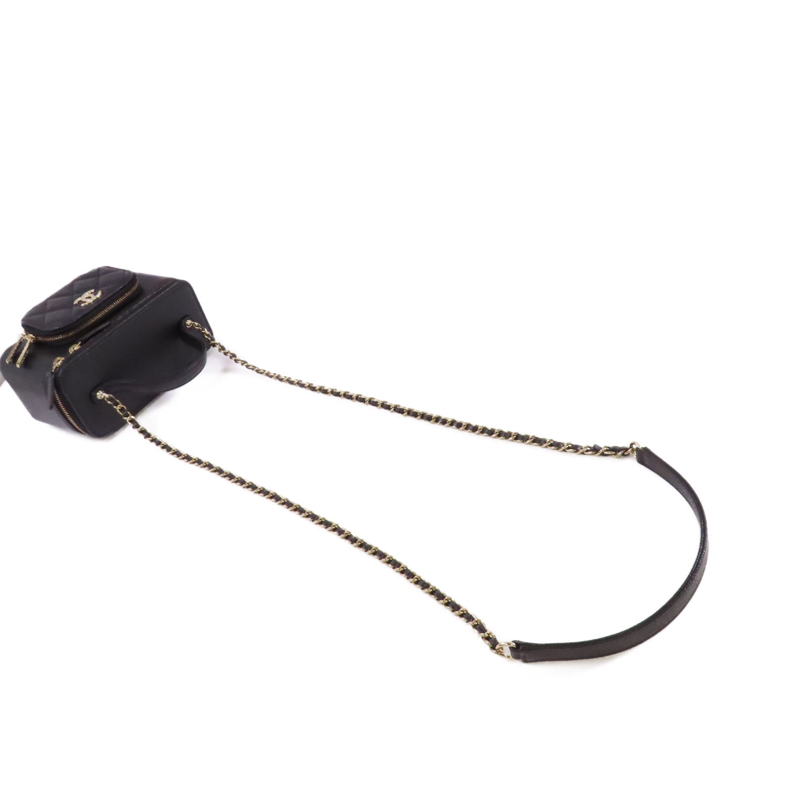 CHANEL 菱格Caviar皮革Vanity Case Chain Shoulder Bag金扣鏈帶肩背袋黑色