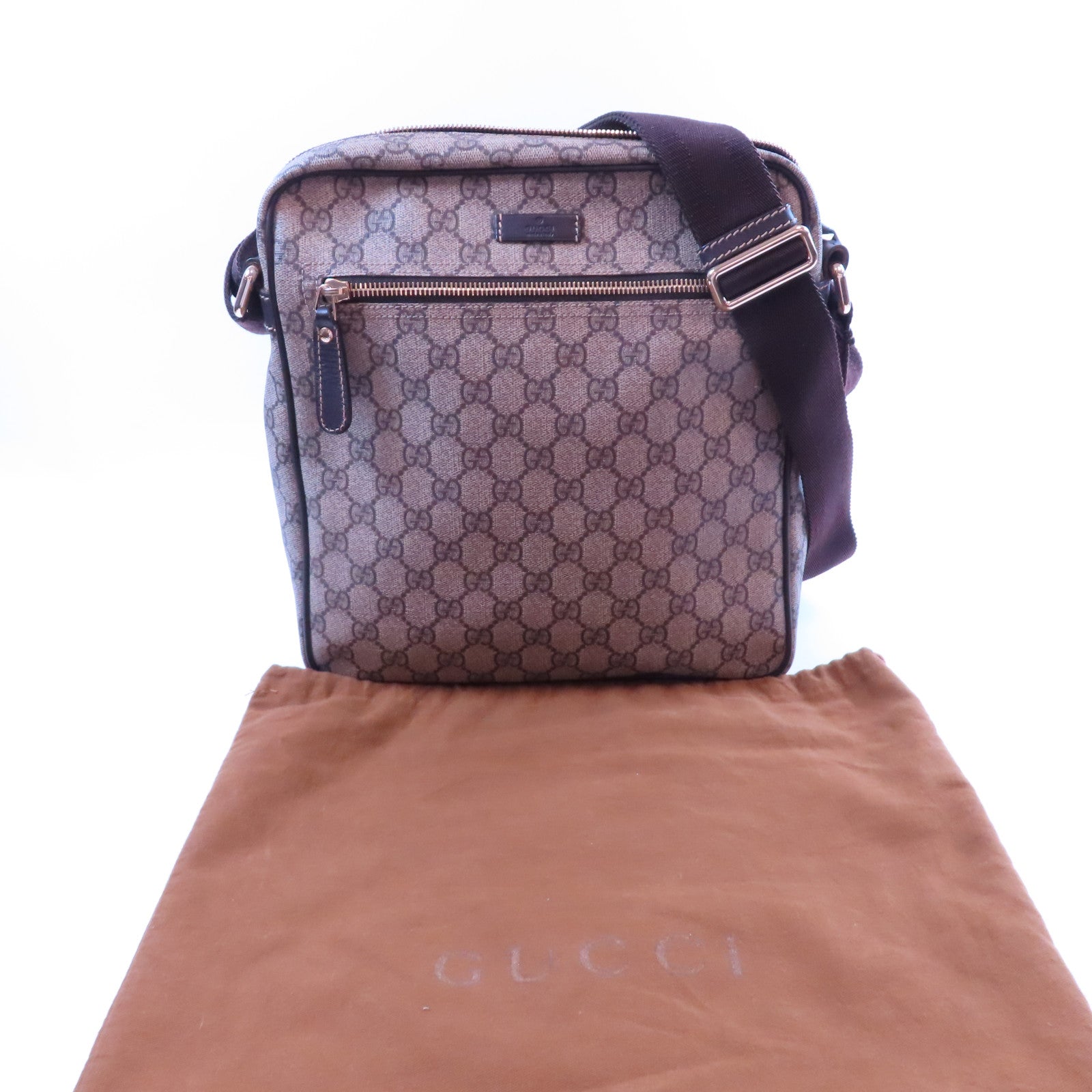 GUCCI 塗層帆布/牛皮皮革Shoulder Bag金扣肩背袋啡色