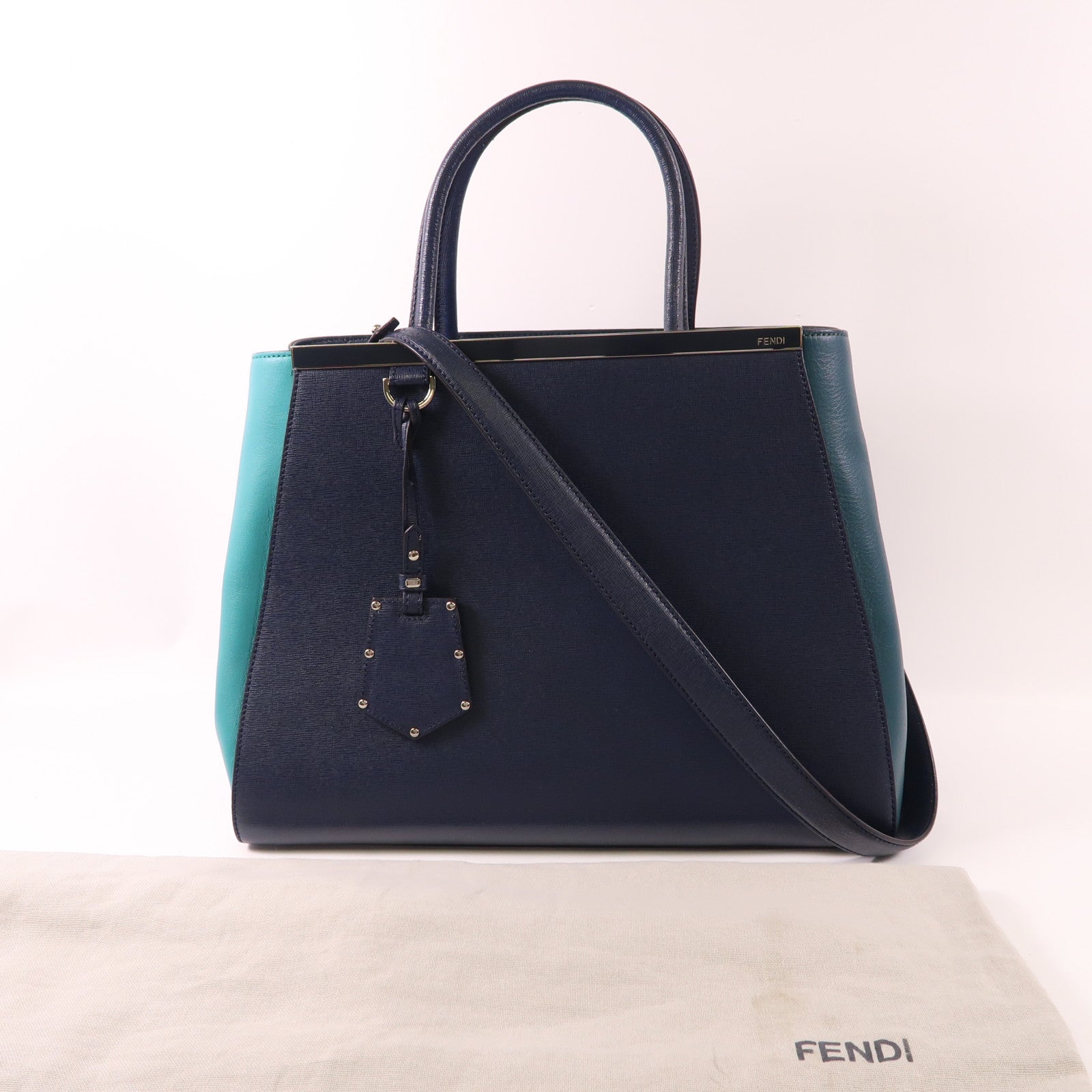 FENDI SHW 2Jours 2 Way Shoulder Bag 8BH250-M5L Calfskin Leather Navy Green