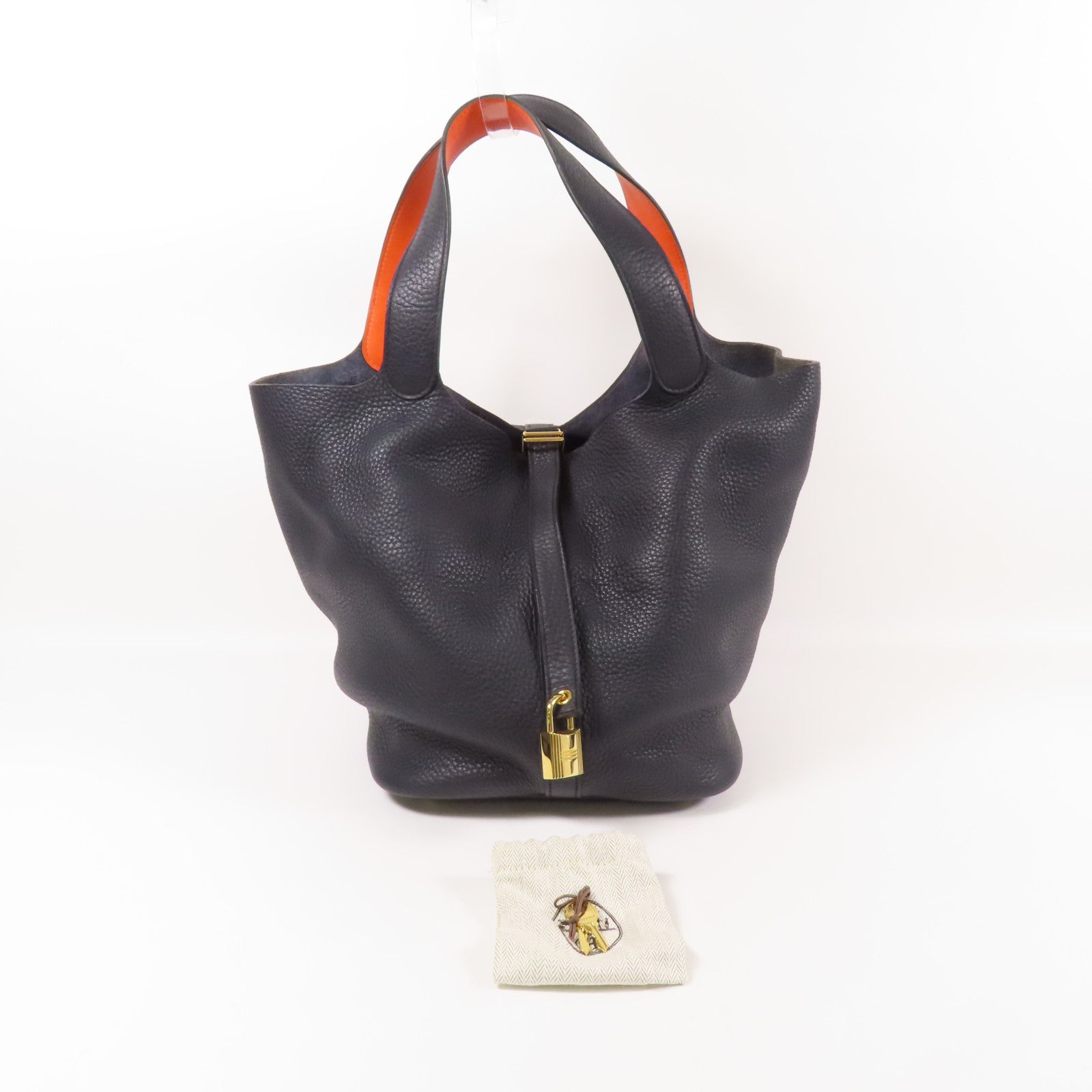 HERMES Clemence皮革Picotin GM金扣手挽袋Bleu Indigo/Orange