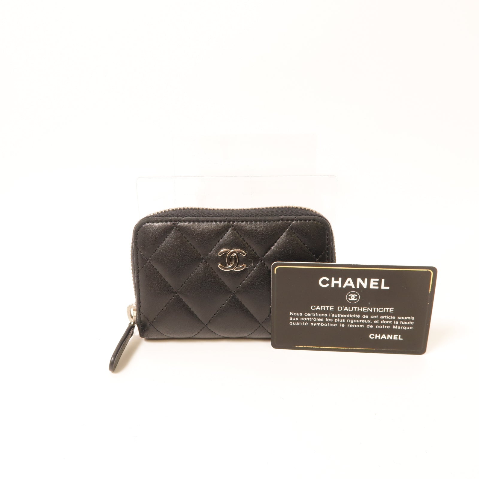 CHANEL 菱格羊皮皮革Card Case銀扣卡片套黑色