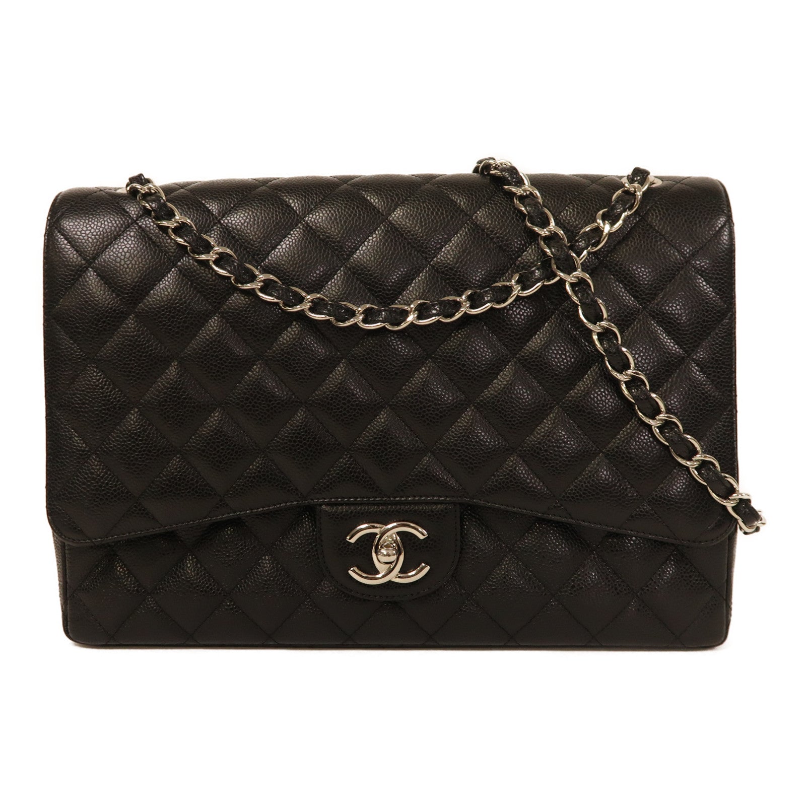 CHANEL 牛皮皮革Maxi Classic銀扣鏈帶肩背袋黑色