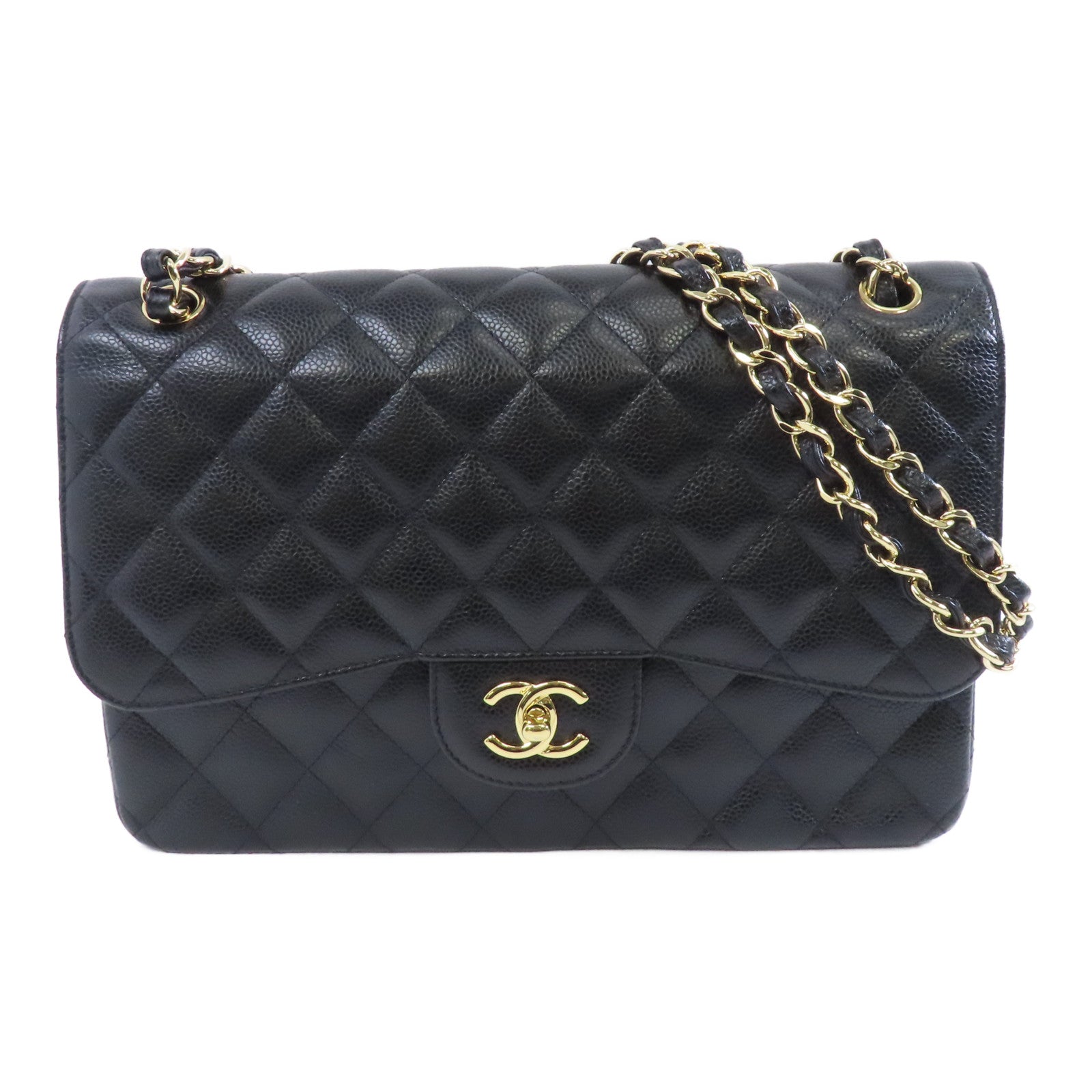 CHANEL 【激減優惠】Caviar皮革Classic Jumbo金扣鏈帶肩背袋黑色