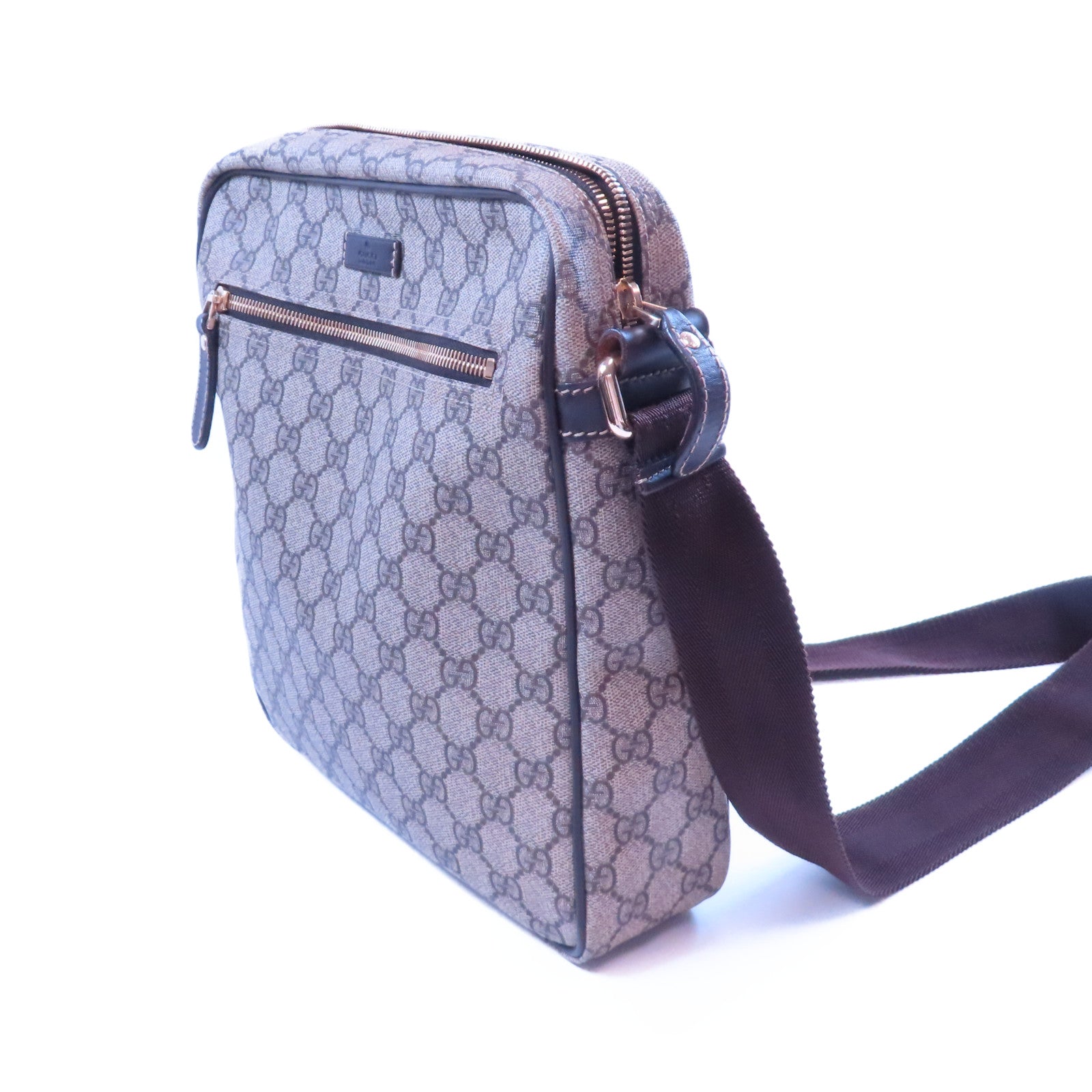 GUCCI 塗層帆布/牛皮皮革Shoulder Bag金扣肩背袋啡色