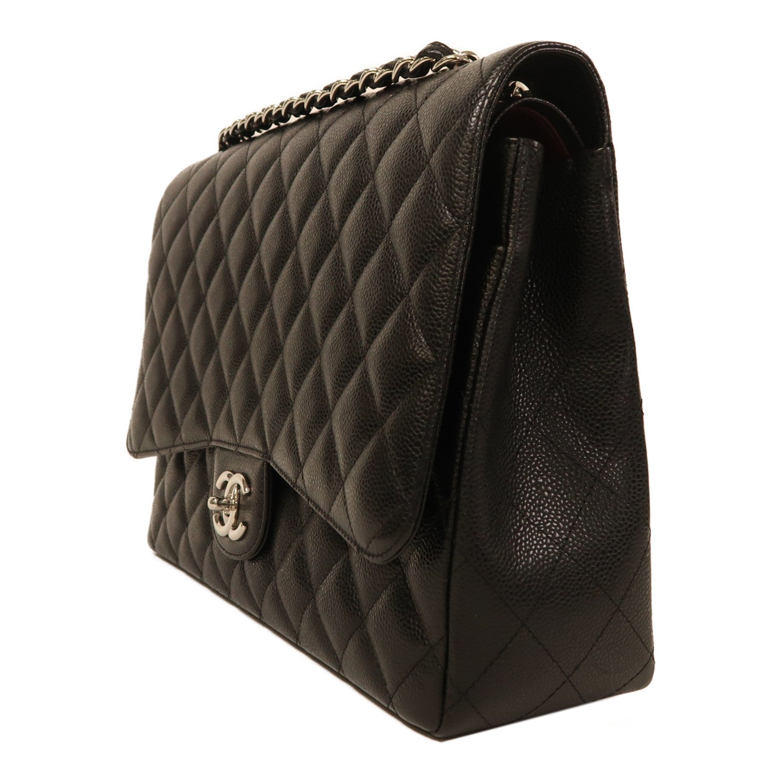 CHANEL 牛皮皮革Maxi Classic銀扣鏈帶肩背袋黑色
