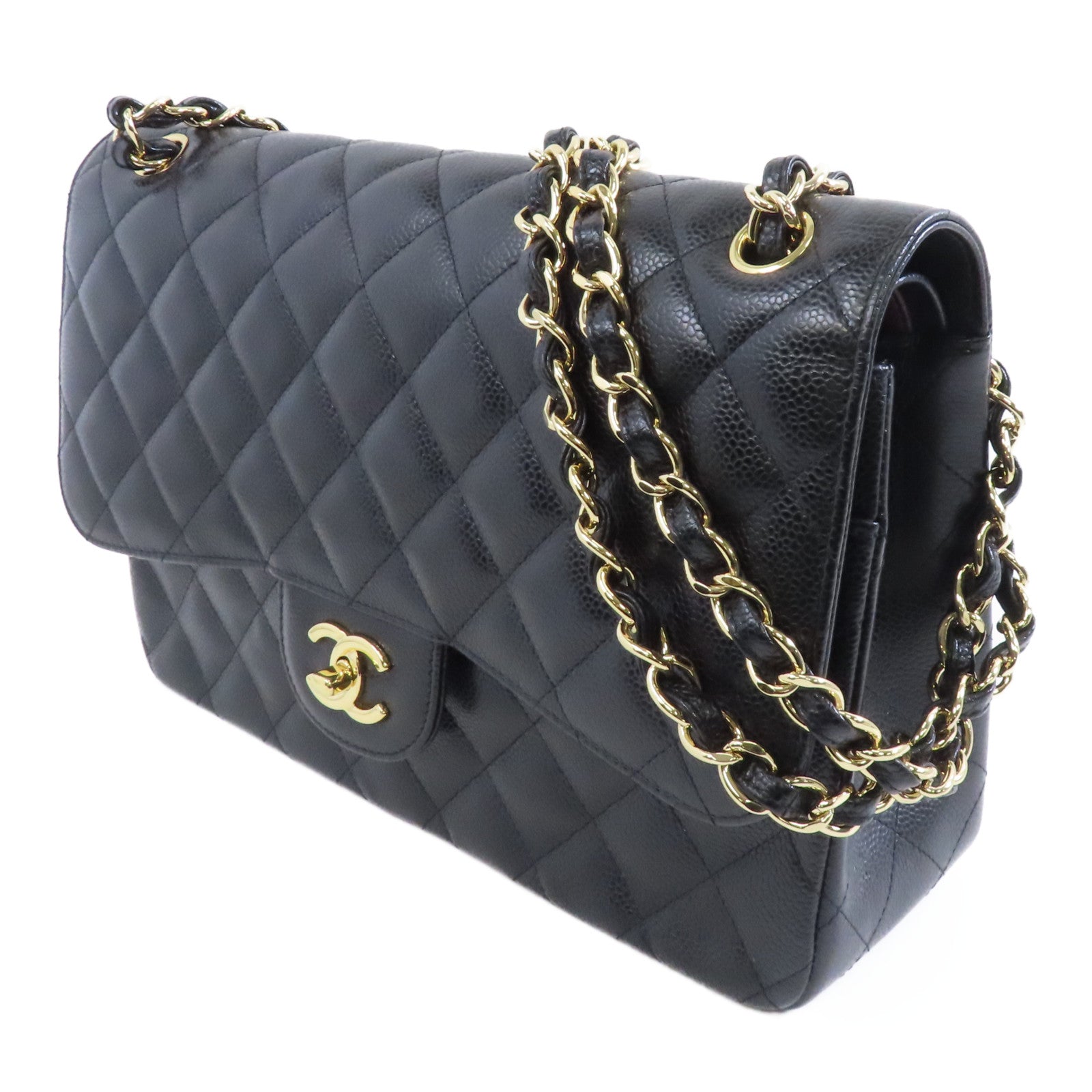 CHANEL 【激減優惠】Caviar皮革Classic Jumbo金扣鏈帶肩背袋黑色