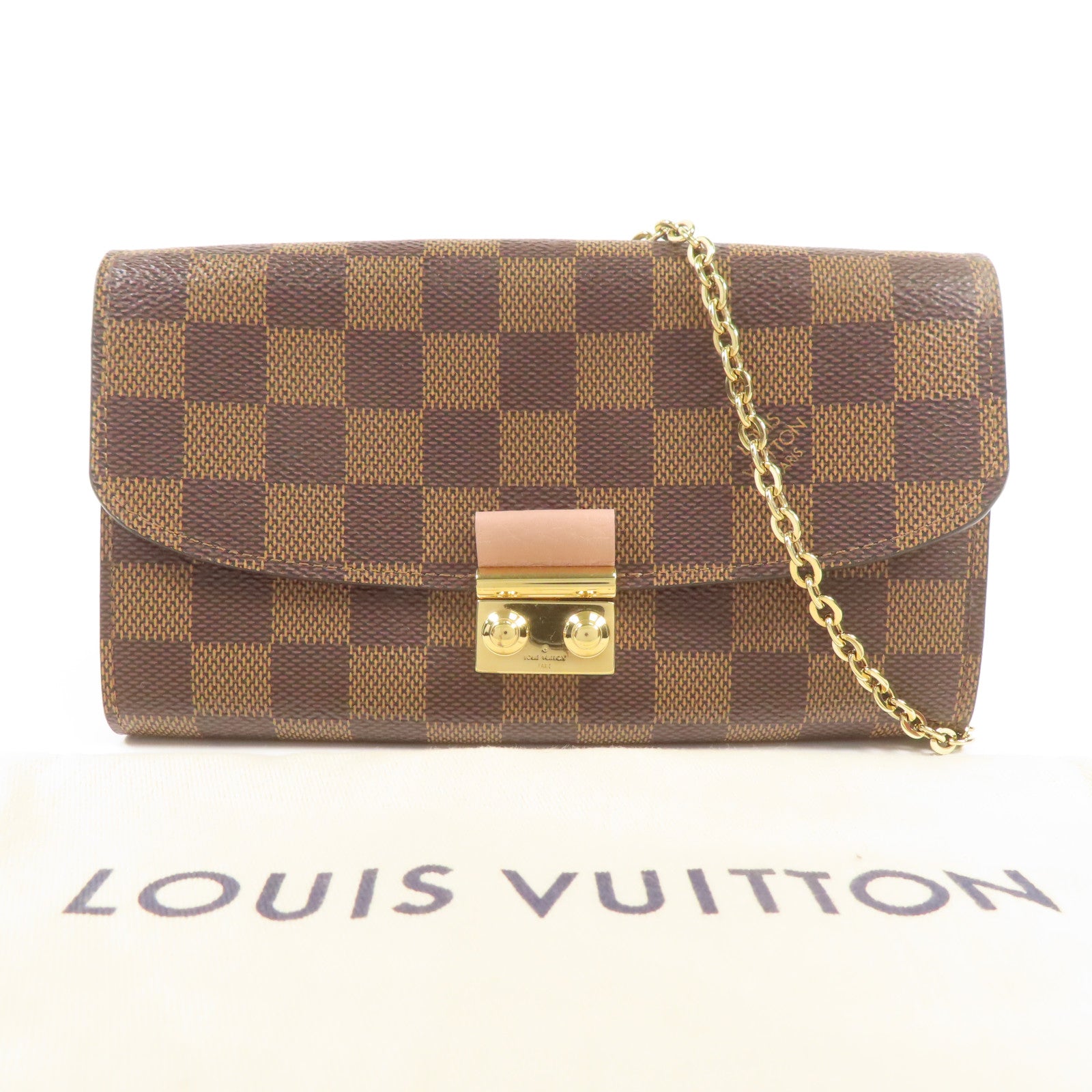 LOUIS VUITTON Damier Ebene Croisette Chain Wallet金扣鏈帶肩背袋