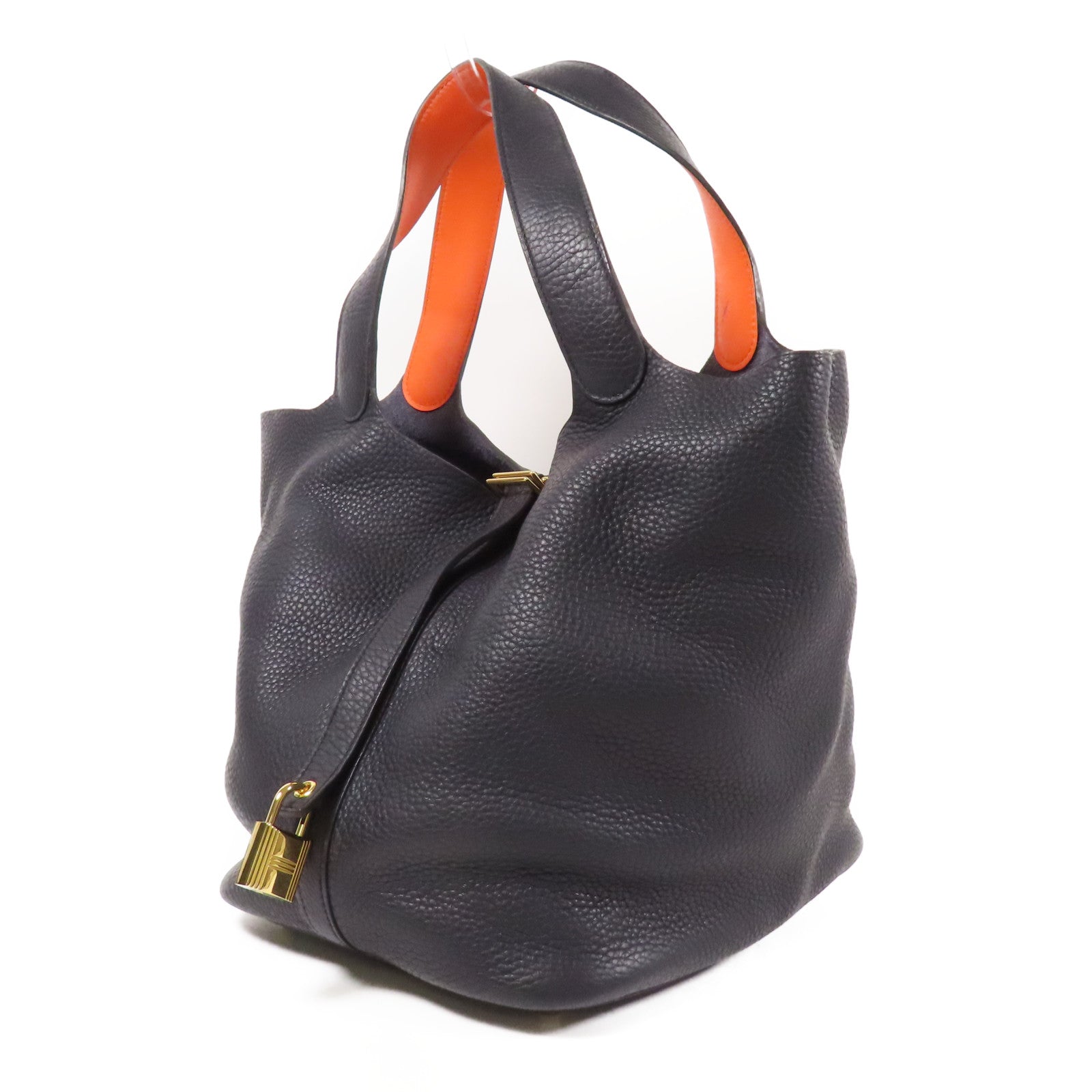 HERMES Clemence皮革Picotin GM金扣手挽袋Bleu Indigo/Orange