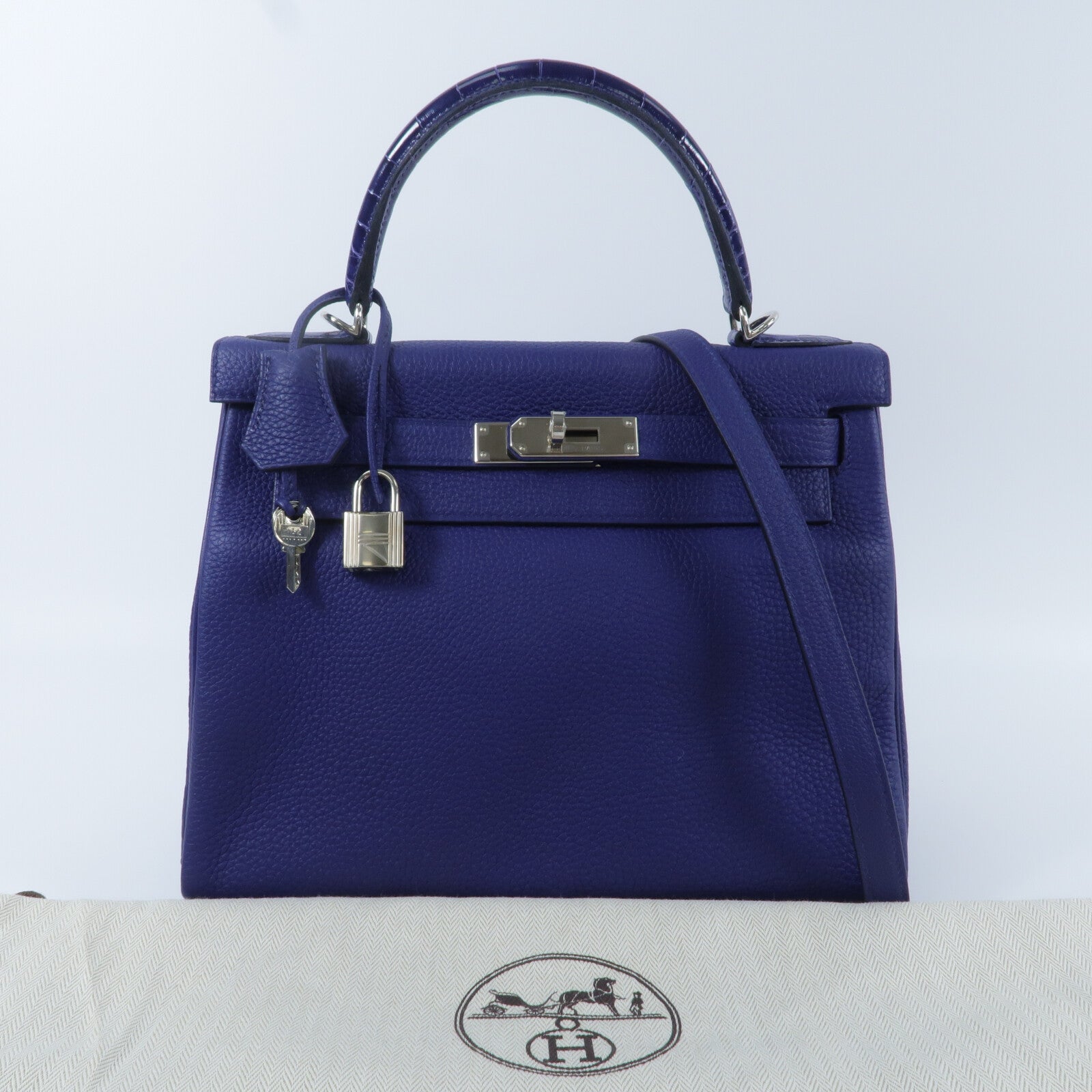 HERMES 鱷魚皮革/Togo皮革Kelly 28 Touch手挽肩背兩用袋Bleu Saphir