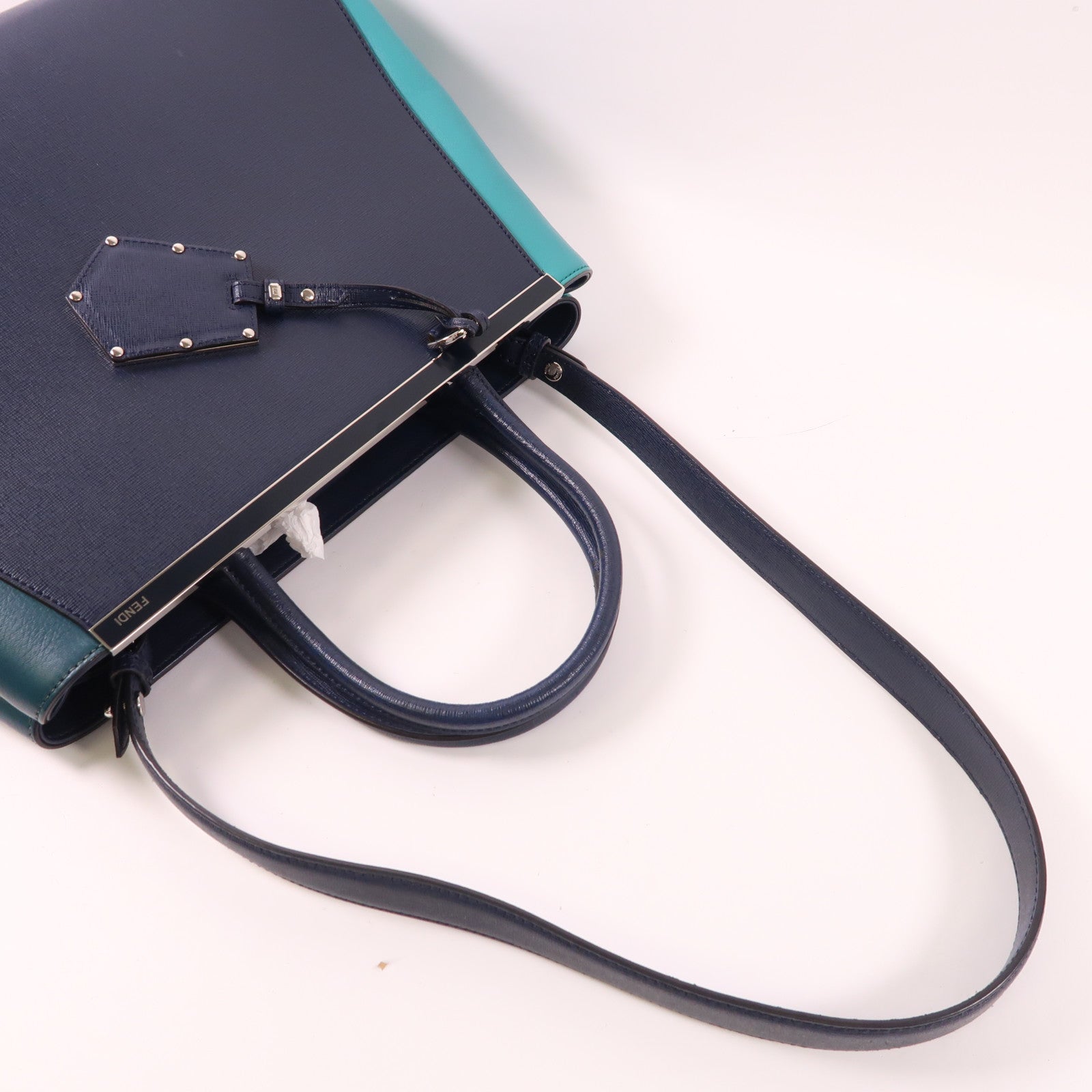 FENDI SHW 2Jours 2 Way Shoulder Bag 8BH250-M5L Calfskin Leather Navy Green