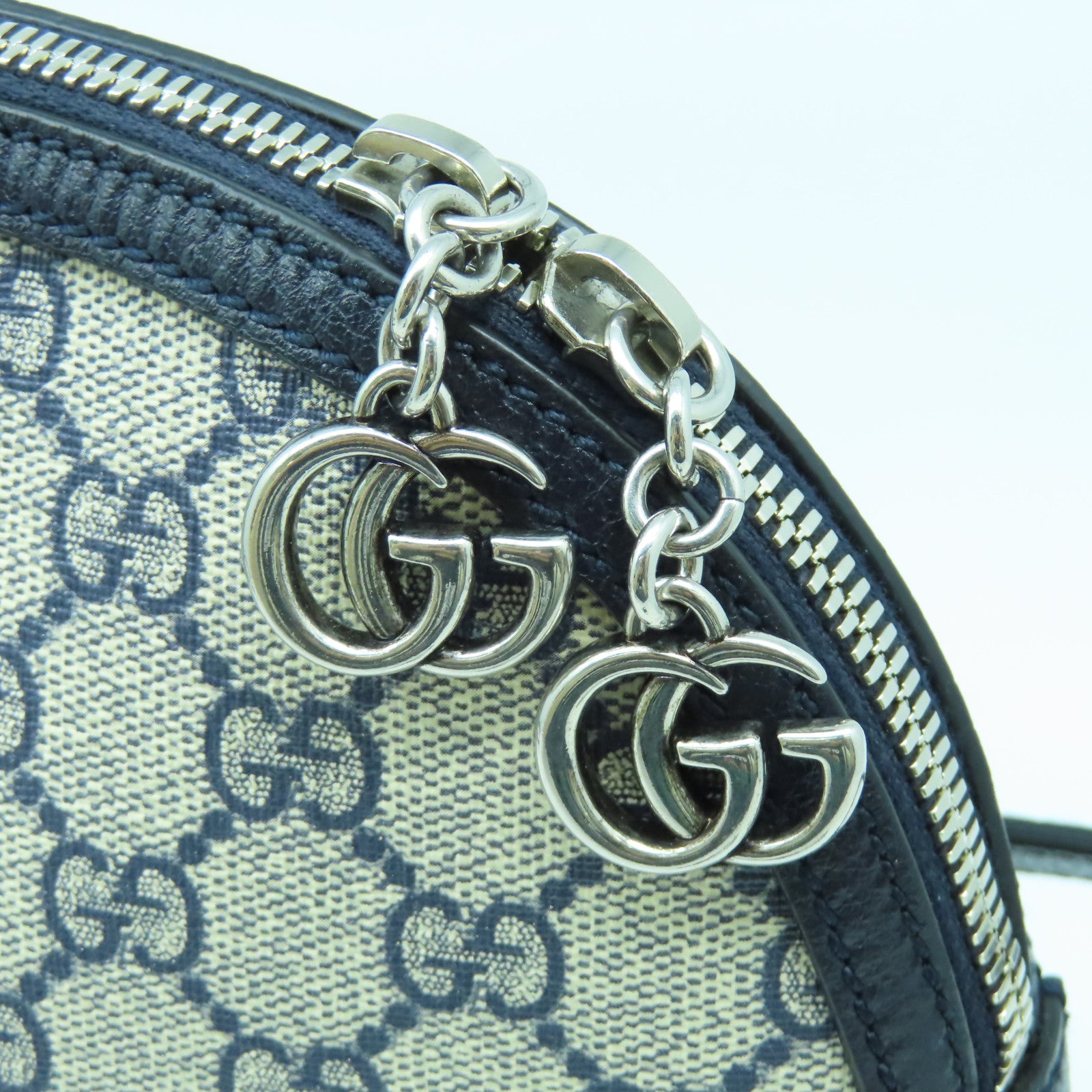 GUCCI 塗層帆布Ophidia銀扣肩背袋深藍色/米色