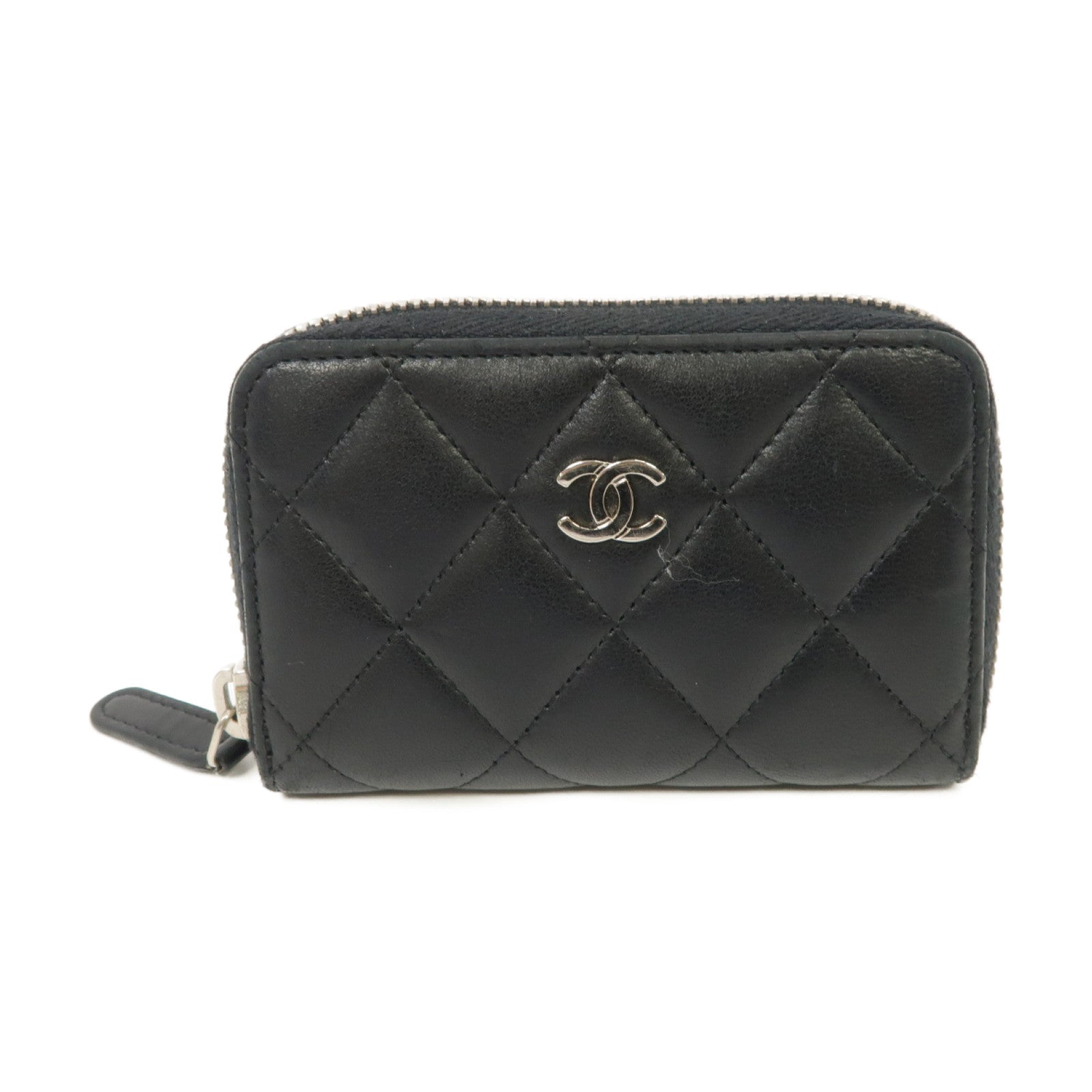CHANEL 菱格羊皮皮革Card Case銀扣卡片套黑色