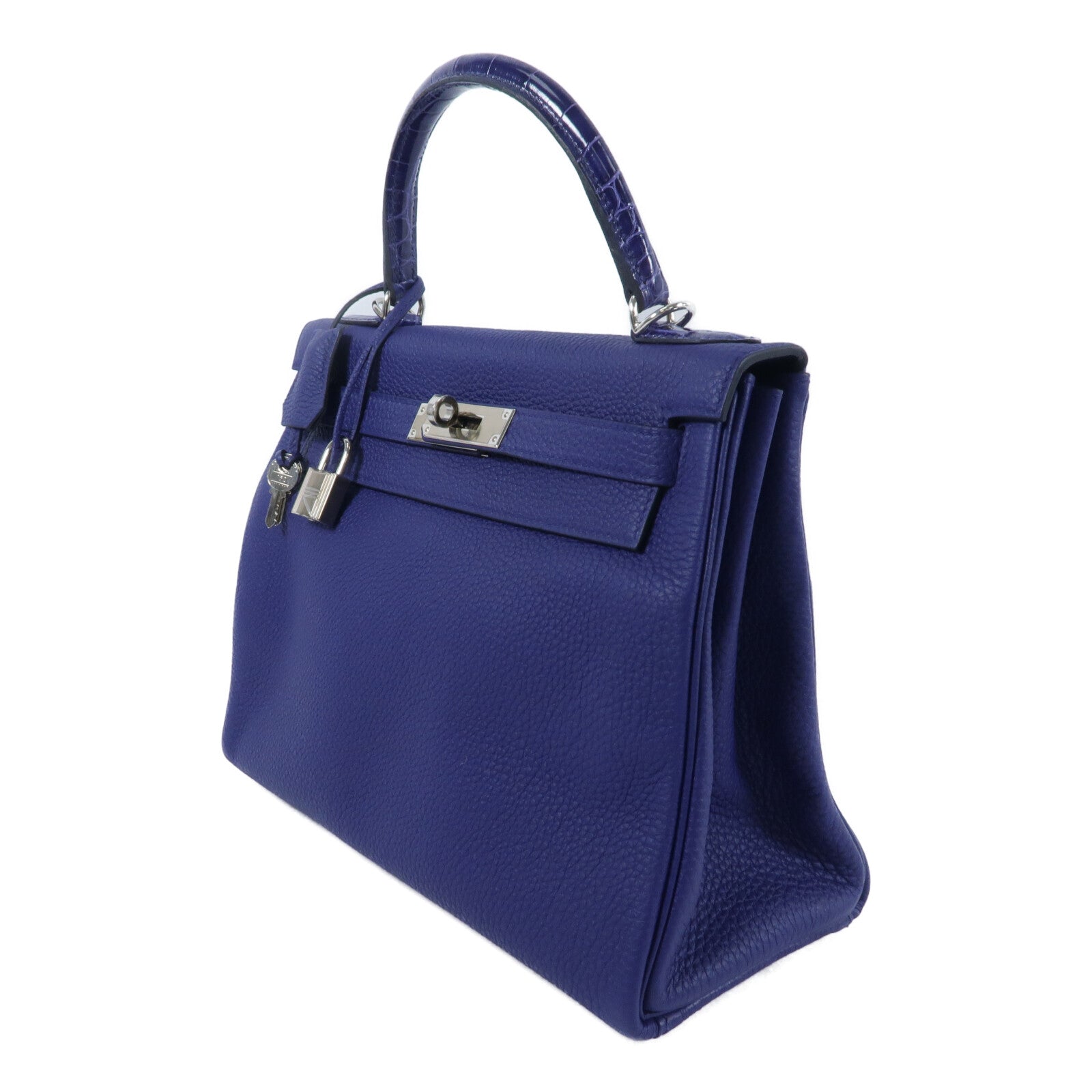 HERMES 鱷魚皮革/Togo皮革Kelly 28 Touch手挽肩背兩用袋Bleu Saphir
