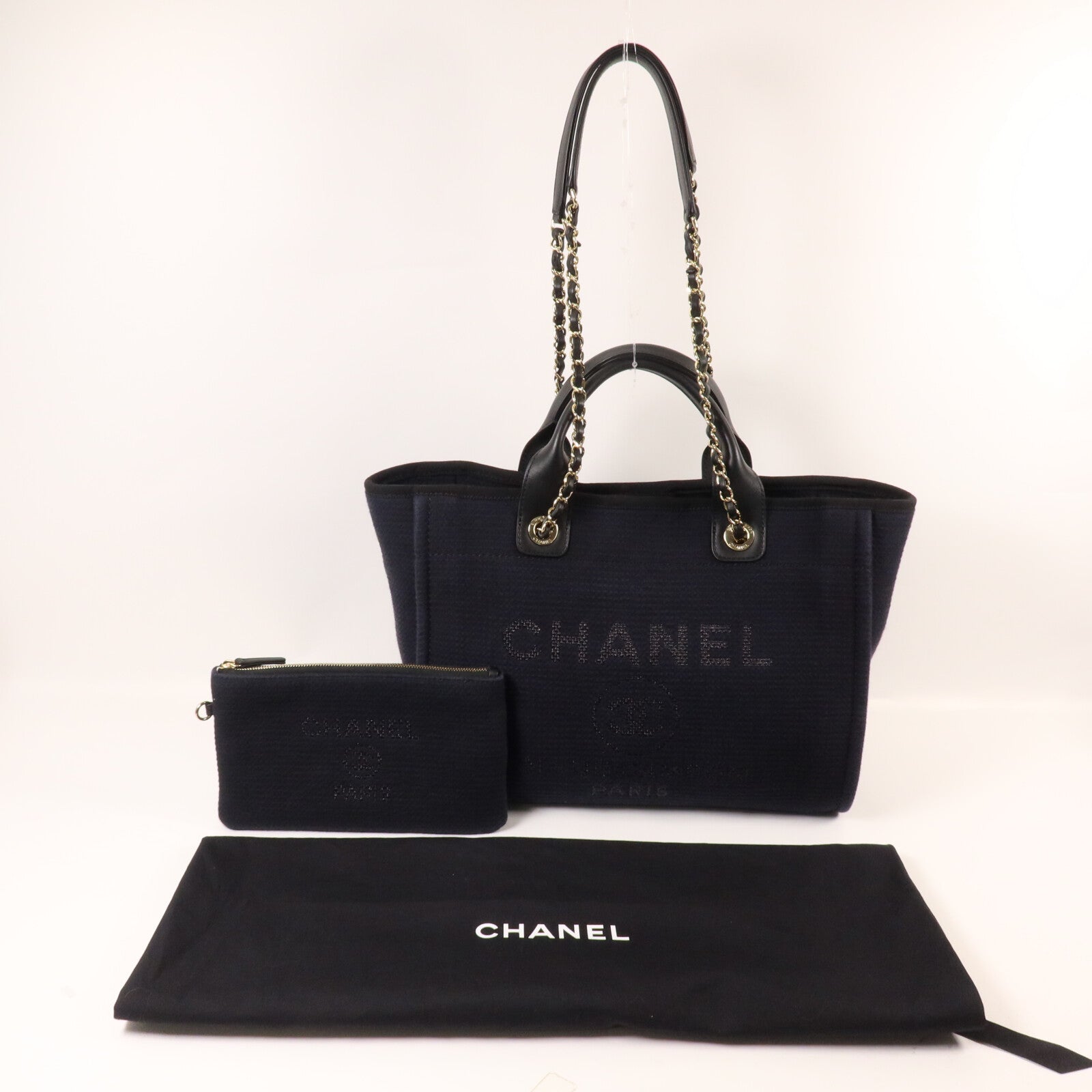 CHANEL 帆布Deauville MM鏈帶手挽肩背兩用袋