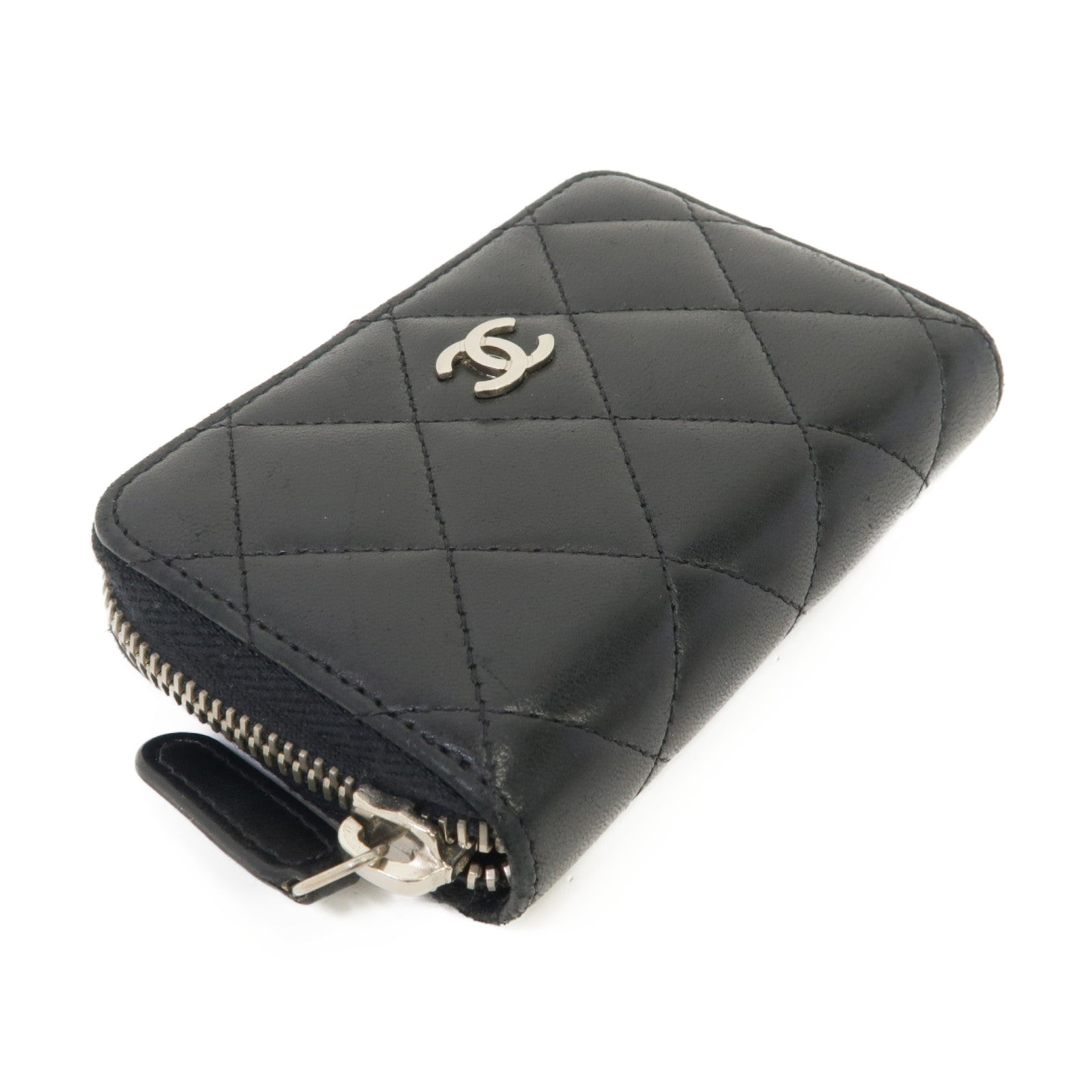 CHANEL 菱格羊皮皮革Card Case銀扣卡片套黑色