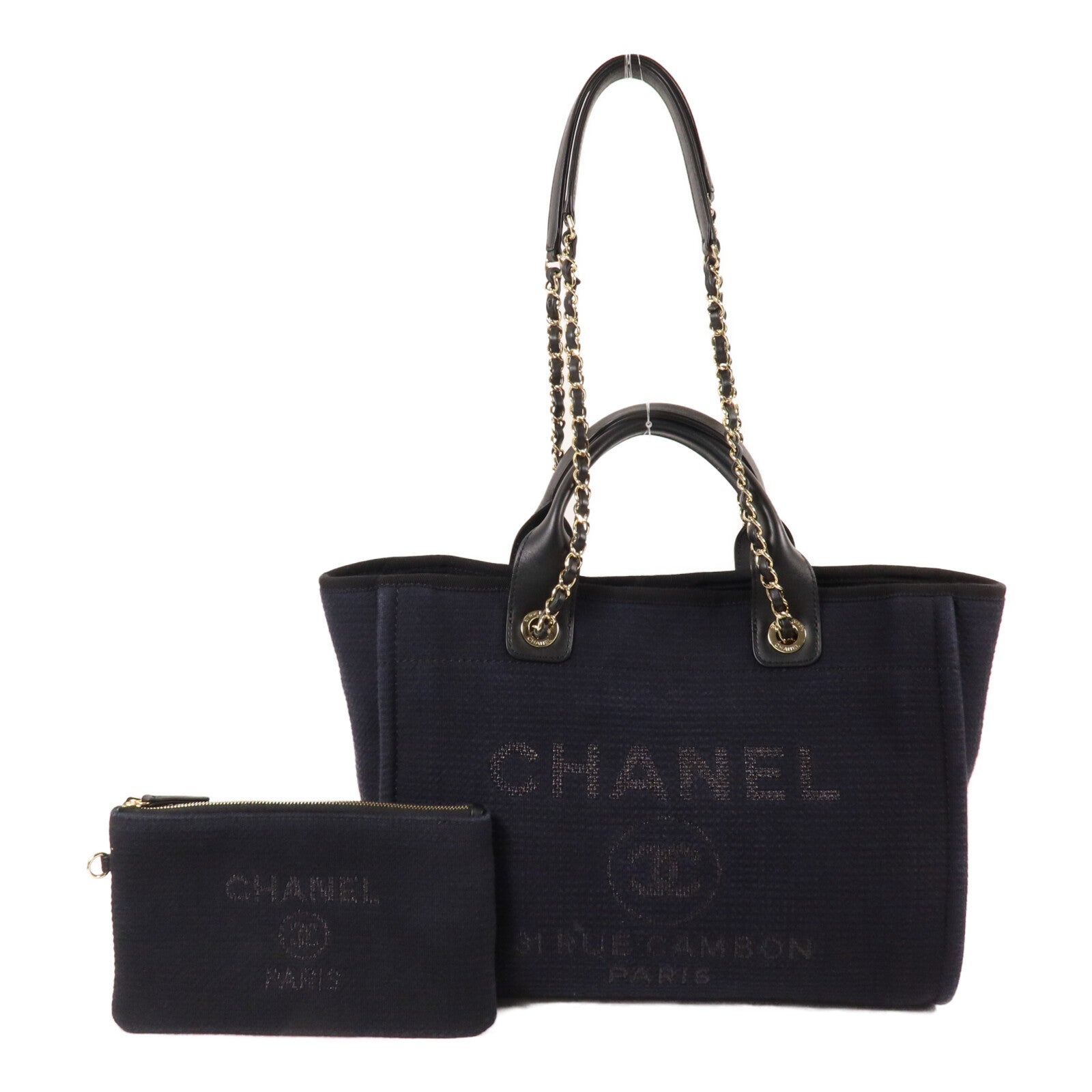 CHANEL 帆布Deauville MM鏈帶手挽肩背兩用袋