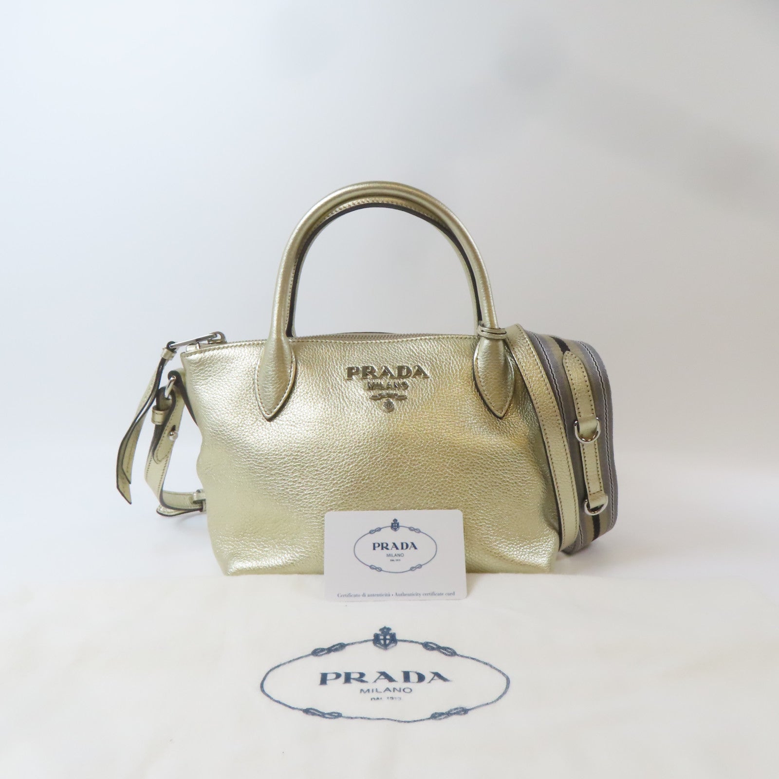 PRADA 牛皮皮革2 Way Shoulder Bag銀扣手挽肩背兩用袋金色