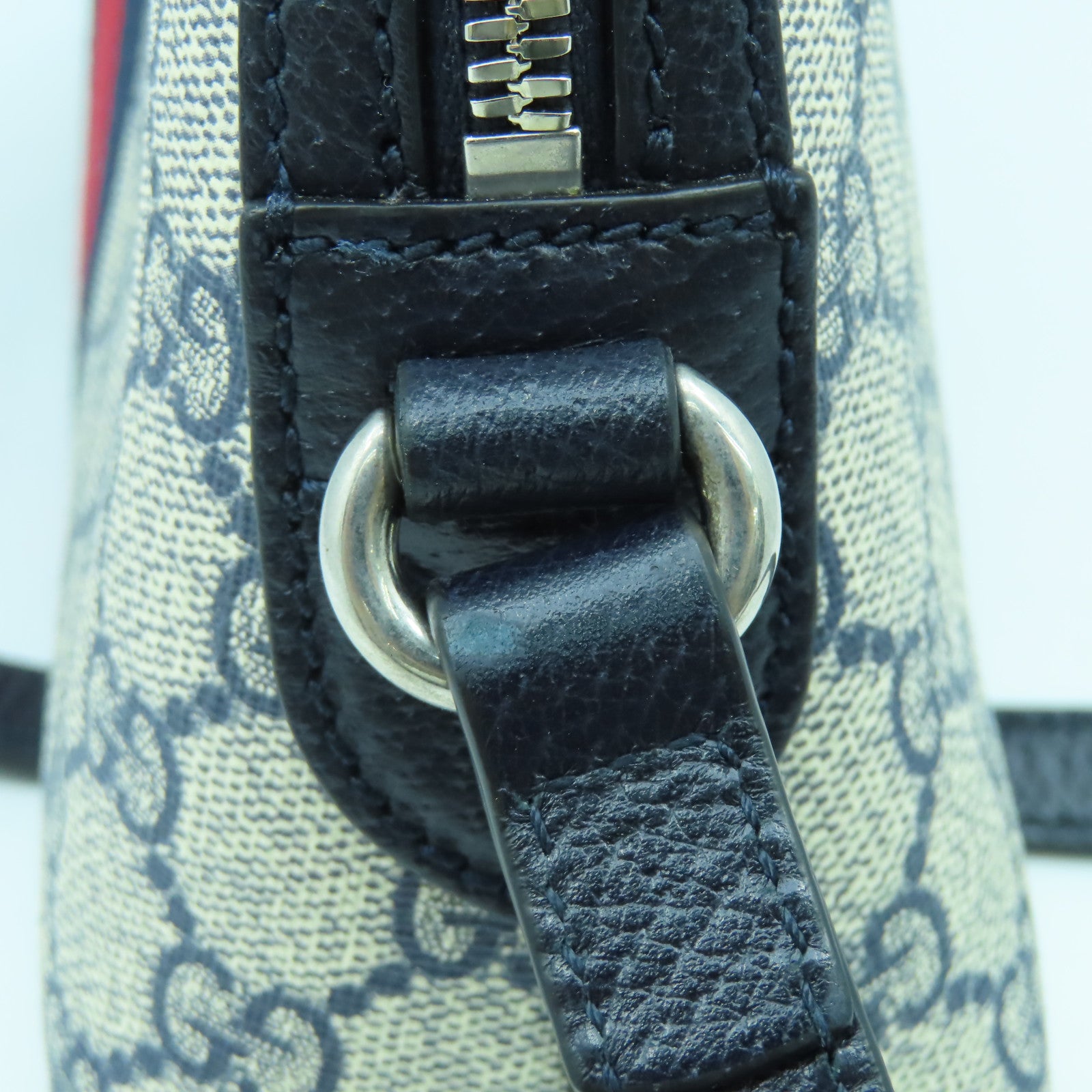 GUCCI 塗層帆布Ophidia銀扣肩背袋深藍色/米色