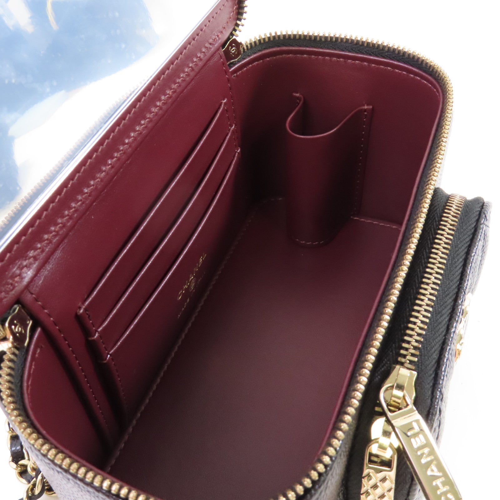 CHANEL 菱格Caviar皮革Vanity Case Chain Shoulder Bag金扣鏈帶肩背袋黑色