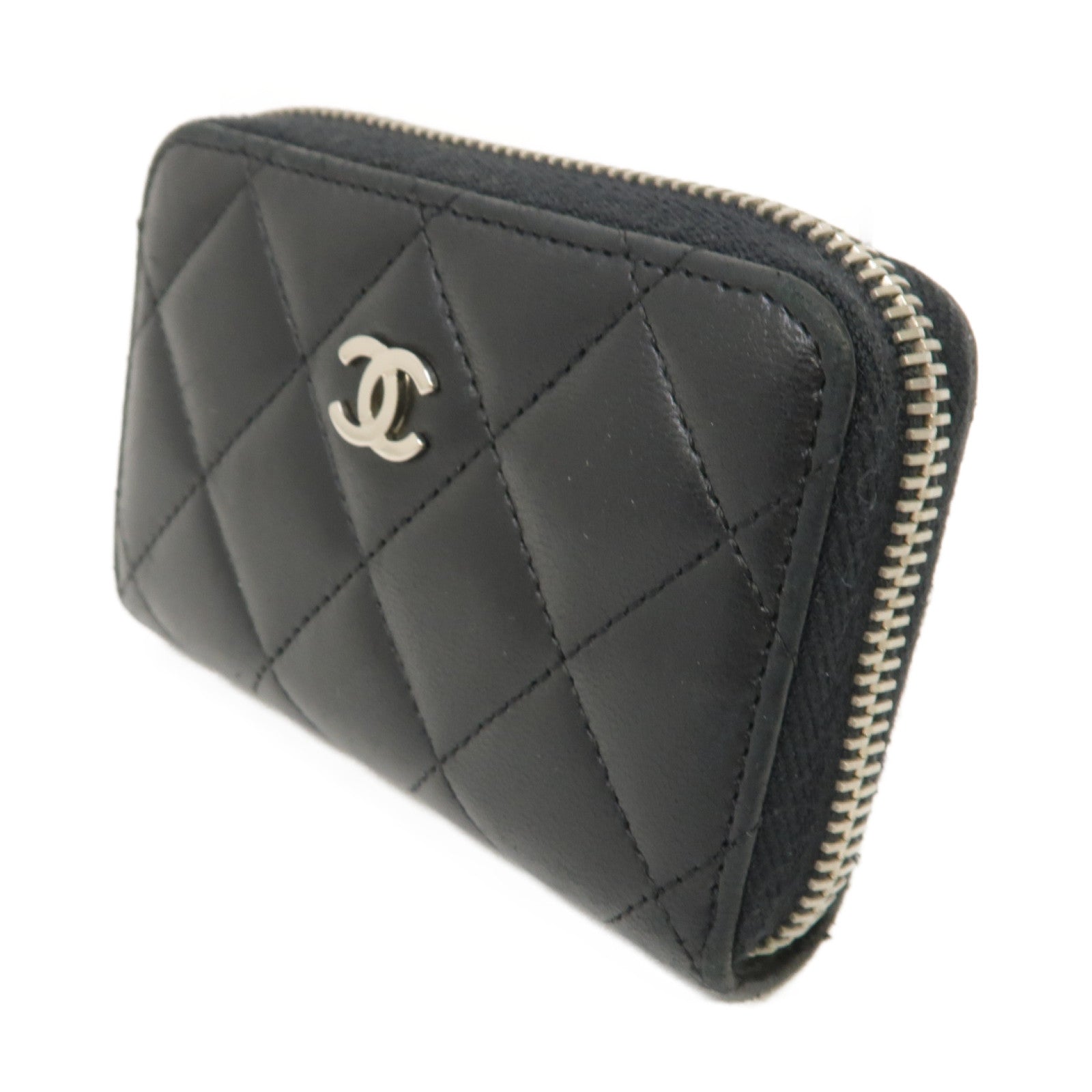 CHANEL 菱格羊皮皮革Card Case銀扣卡片套黑色