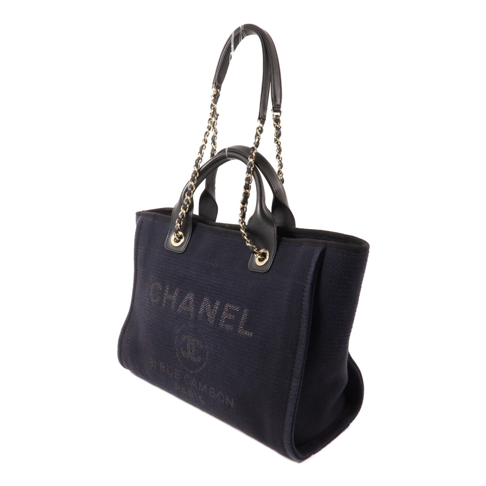 CHANEL 帆布Deauville MM鏈帶手挽肩背兩用袋