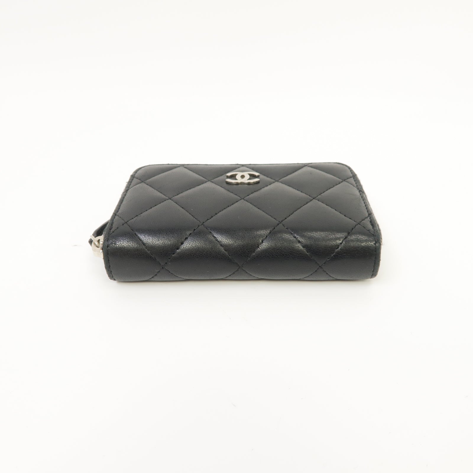 CHANEL 菱格羊皮皮革Card Case銀扣卡片套黑色